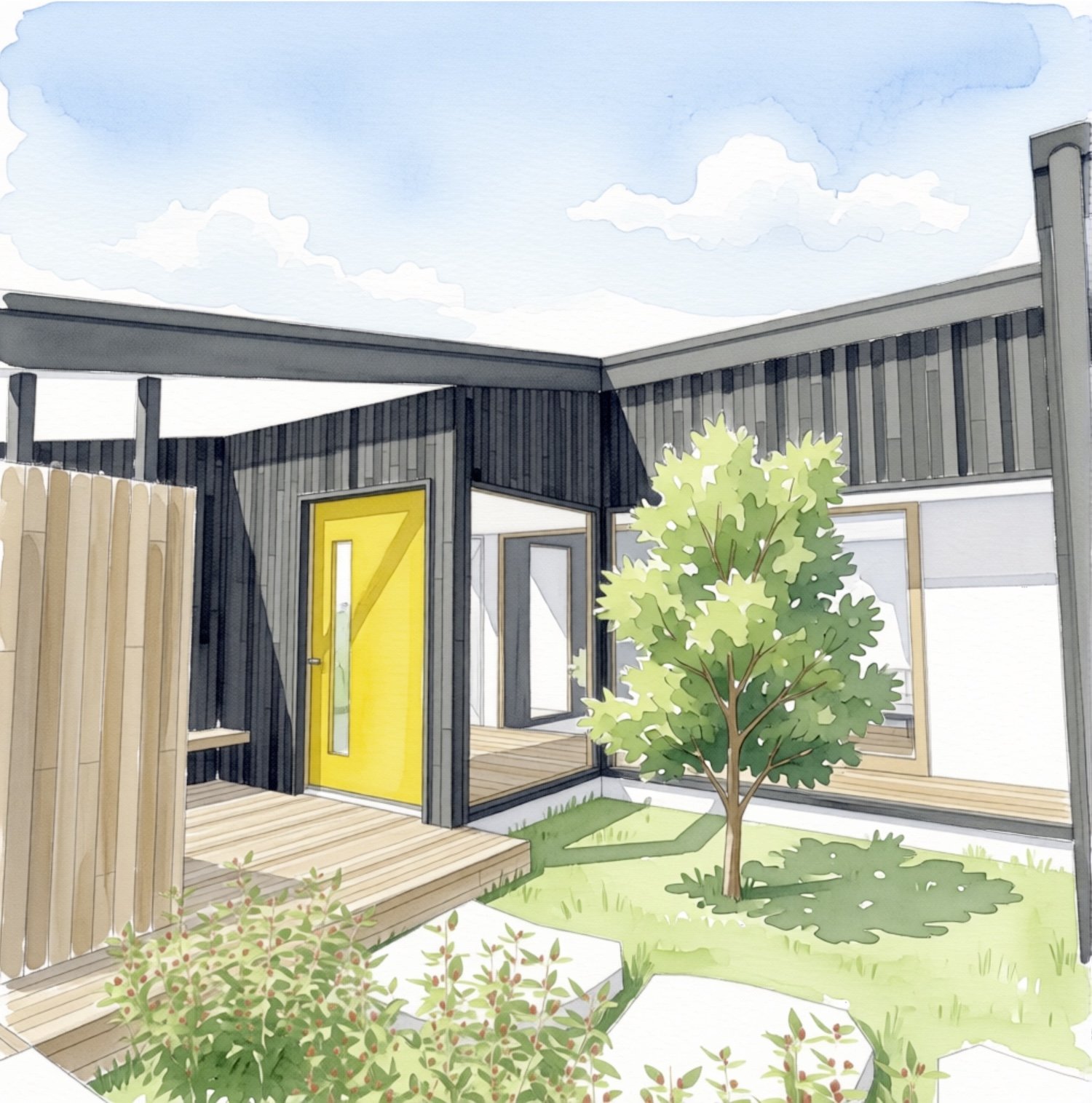 Courtyard view. mid century modern high performance home Cemintel Territory cladding passive house architect Launceston Tasmania by Loubser Workshop
