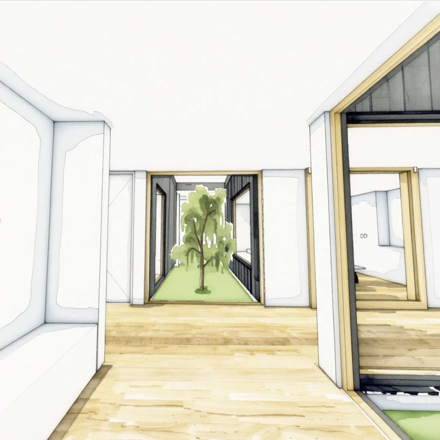 Entry view. mid century modern high performance home Cemintel Territory cladding passive house architect Launceston Tasmania by Loubser Workshop