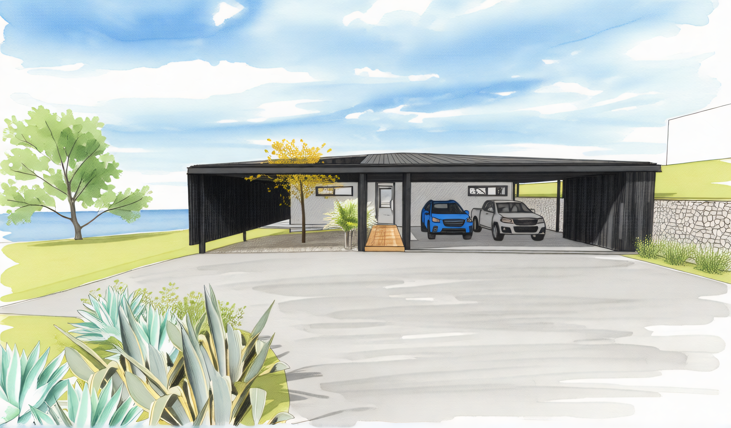 Aspect Passivhaus. Watercolour sketch by architect Michael Loubser from Loubser Workshop