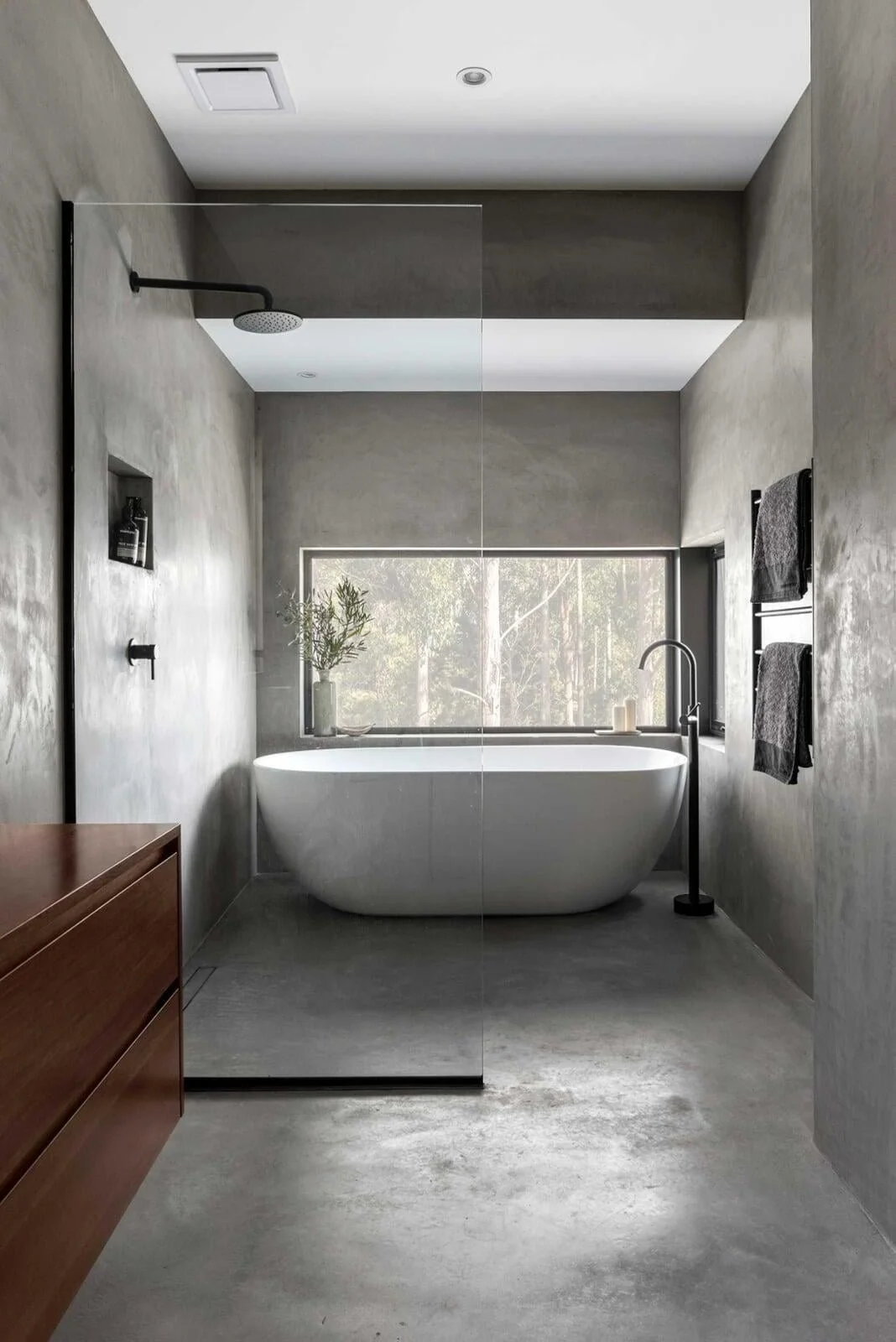 Rural dream home interior bathroom minimalist design with Rockote microcement in South Spreyton, Tasmania by Loubser Workshop