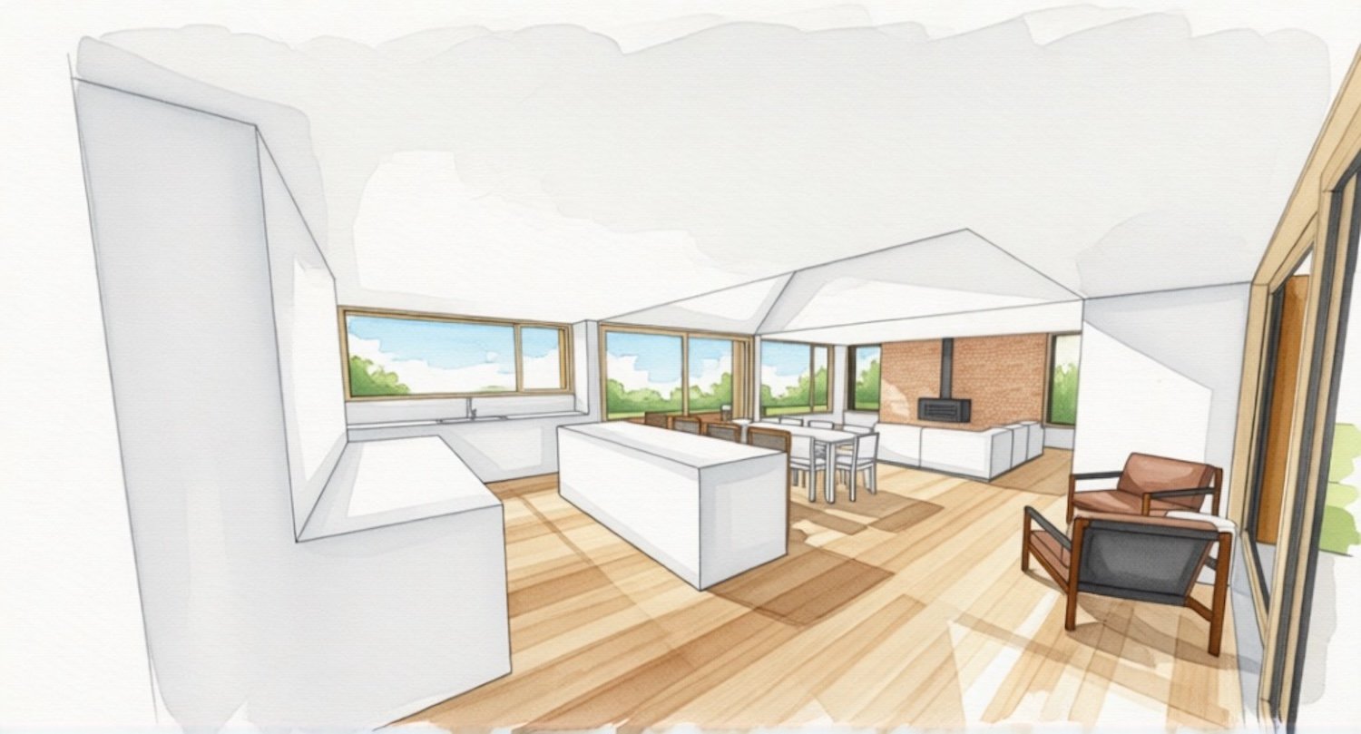 Molly Mayne. Interior open plan kitchen living dining. Renovation and extension to a Federation heritage home. Passive house architect Launceston Tasmania by Loubser Workshop