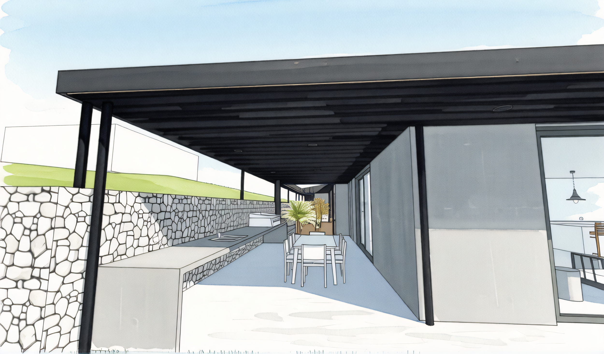 Aspect Passivhaus. Watercolour sketch by architect Michael Loubser from Loubser Workshop