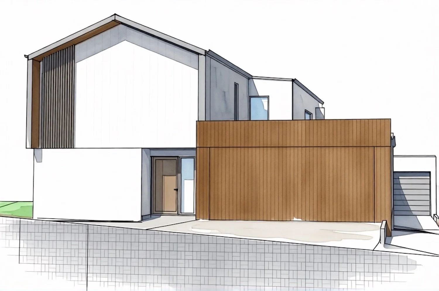Ocean View Passivhaus. Street elevation watercolour sketch