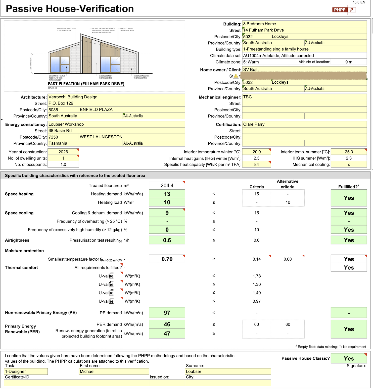 Lockleys Passivhaus. PHPP verification sheet