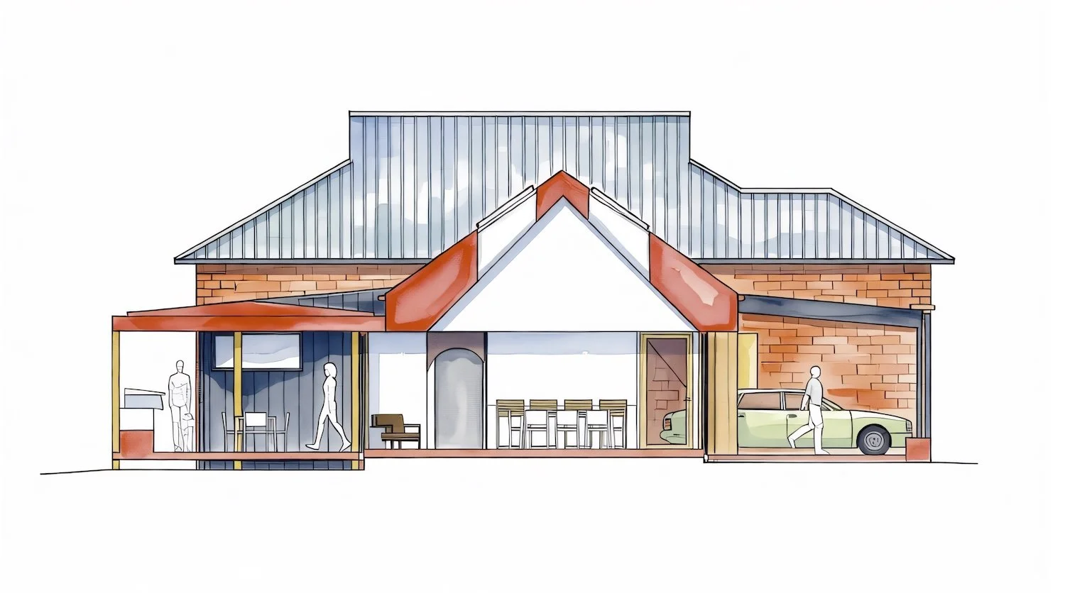 Molly Mayne. Schematic section sketch. Interior vaulted ceiling and skylights. Renovation and extension to a Federation heritage home. Passive house architect Launceston Tasmania by Loubser Workshop