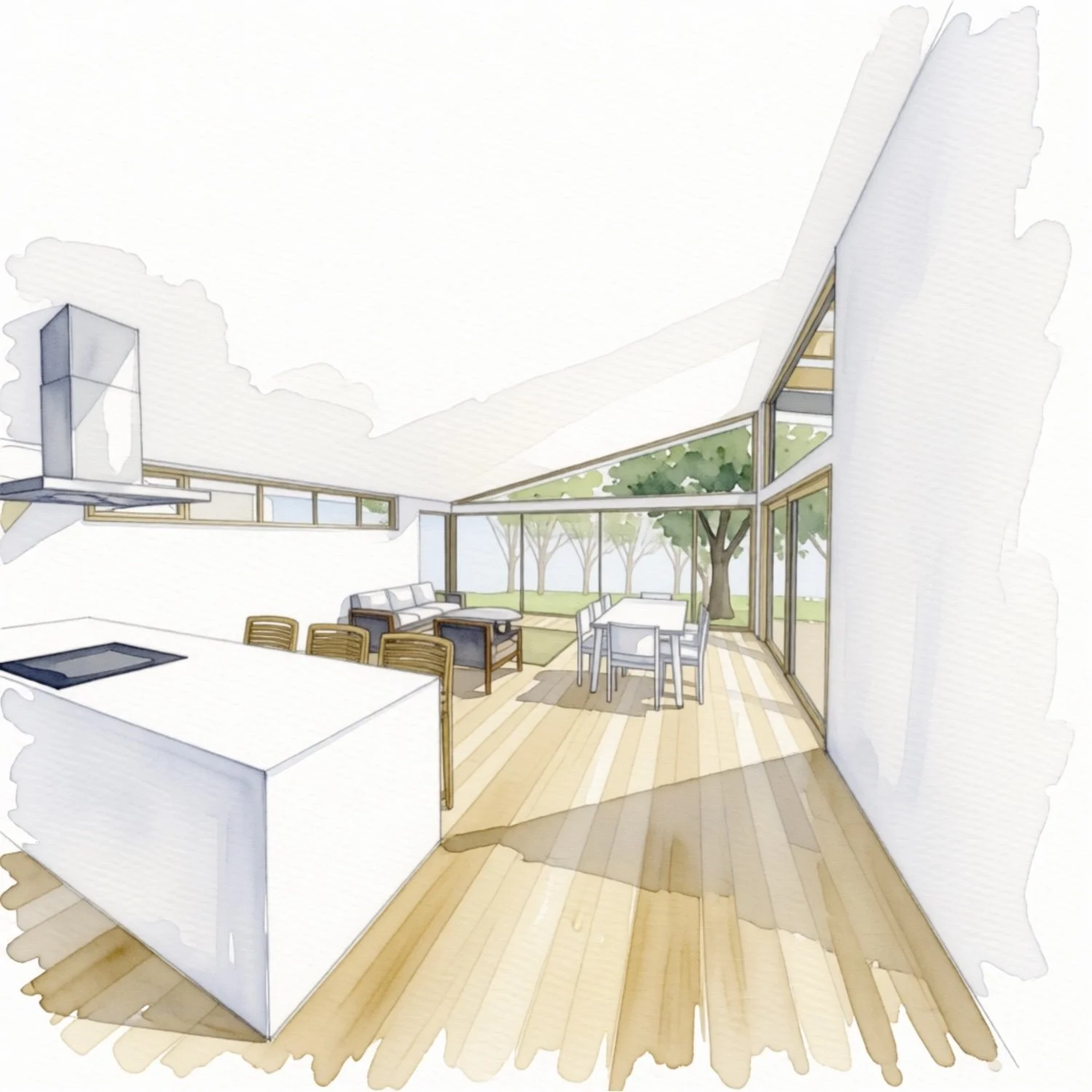 Open plan living view. mid century modern high performance home Cemintel Territory cladding passive house architect Launceston Tasmania by Loubser Workshop