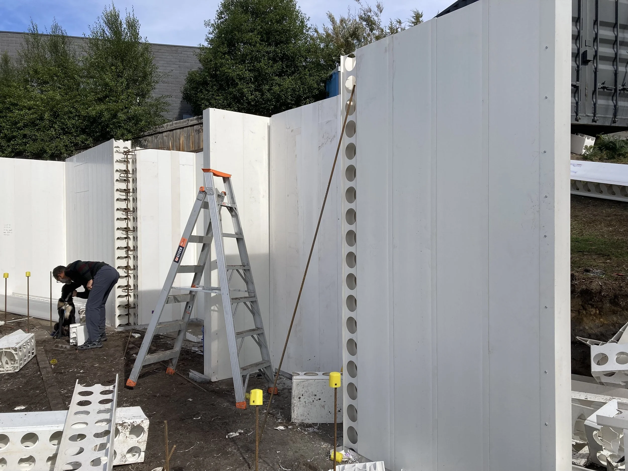 Hobart Hills CLT House. Site construction progress showing Dincel wall installation