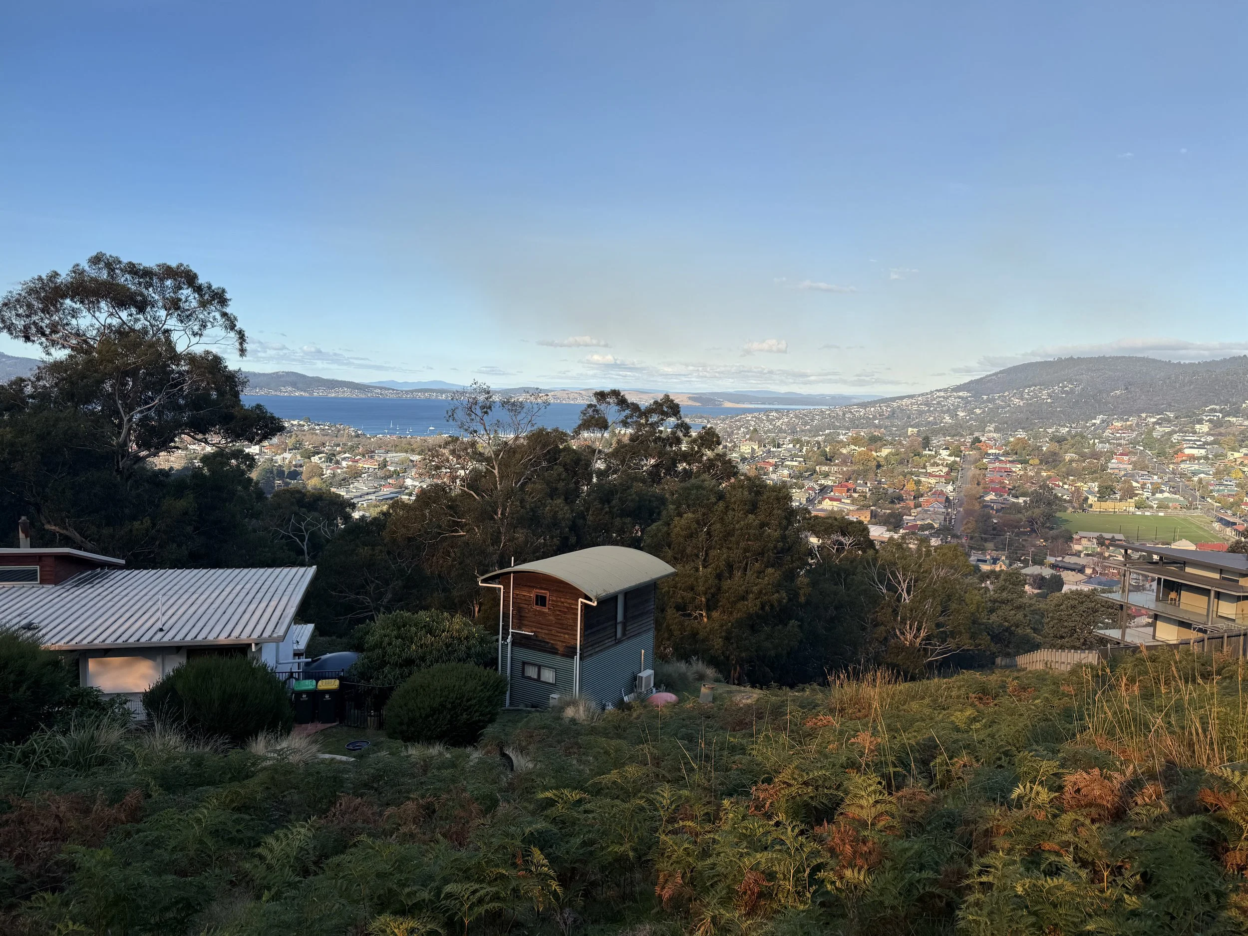 Hobart Hills CLT House. Site context showing views to the River Derwent and Hobart