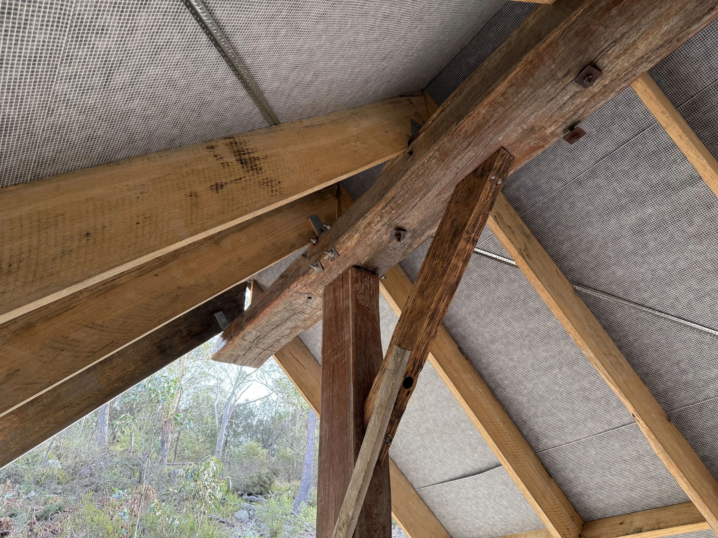 Bicheno Bushbuck. Salvaged timber post and beam structure with Pro Clima membrane