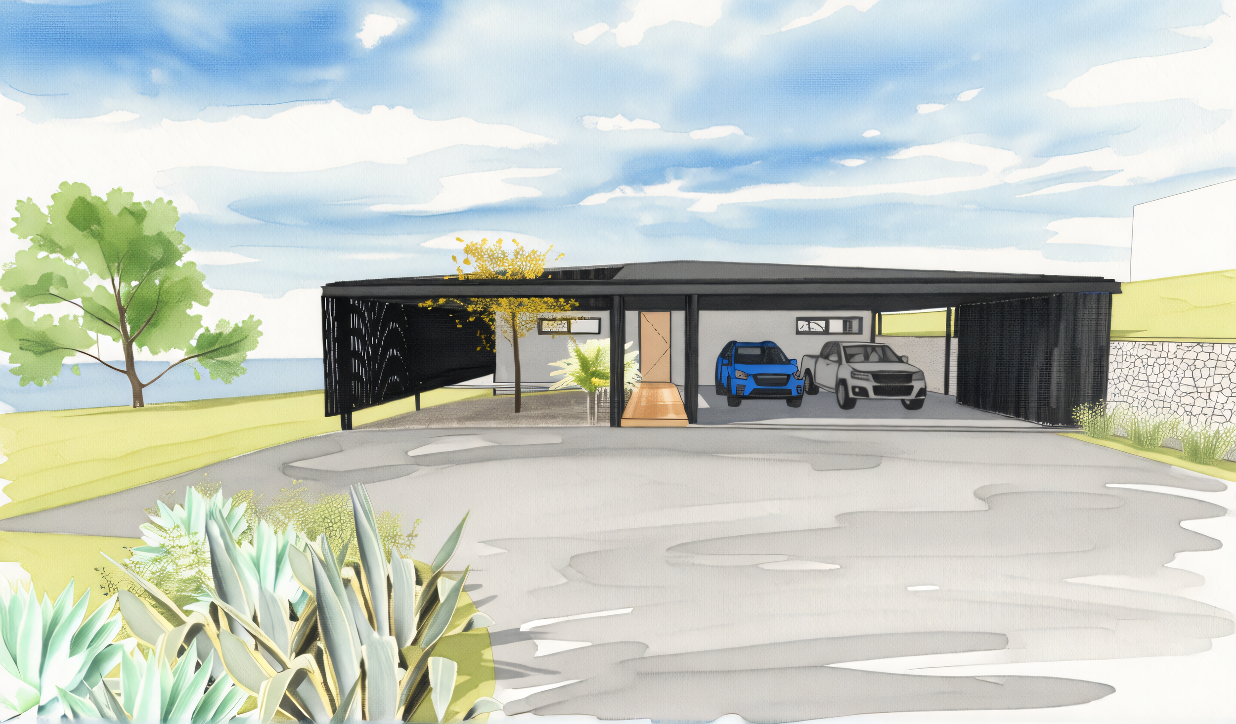 Aspect Passivhaus. Watercolour sketch by architect Michael Loubser from Loubser Workshop