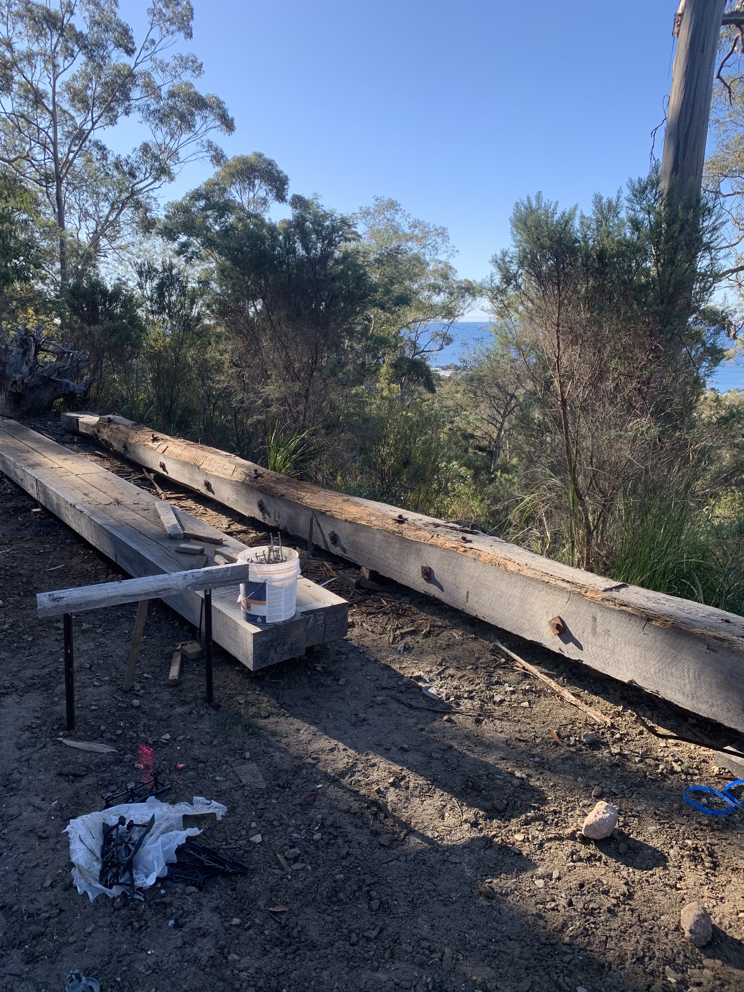 Bicheno Bushbuck. Huge reclaimed wharf timber for the ridge beam