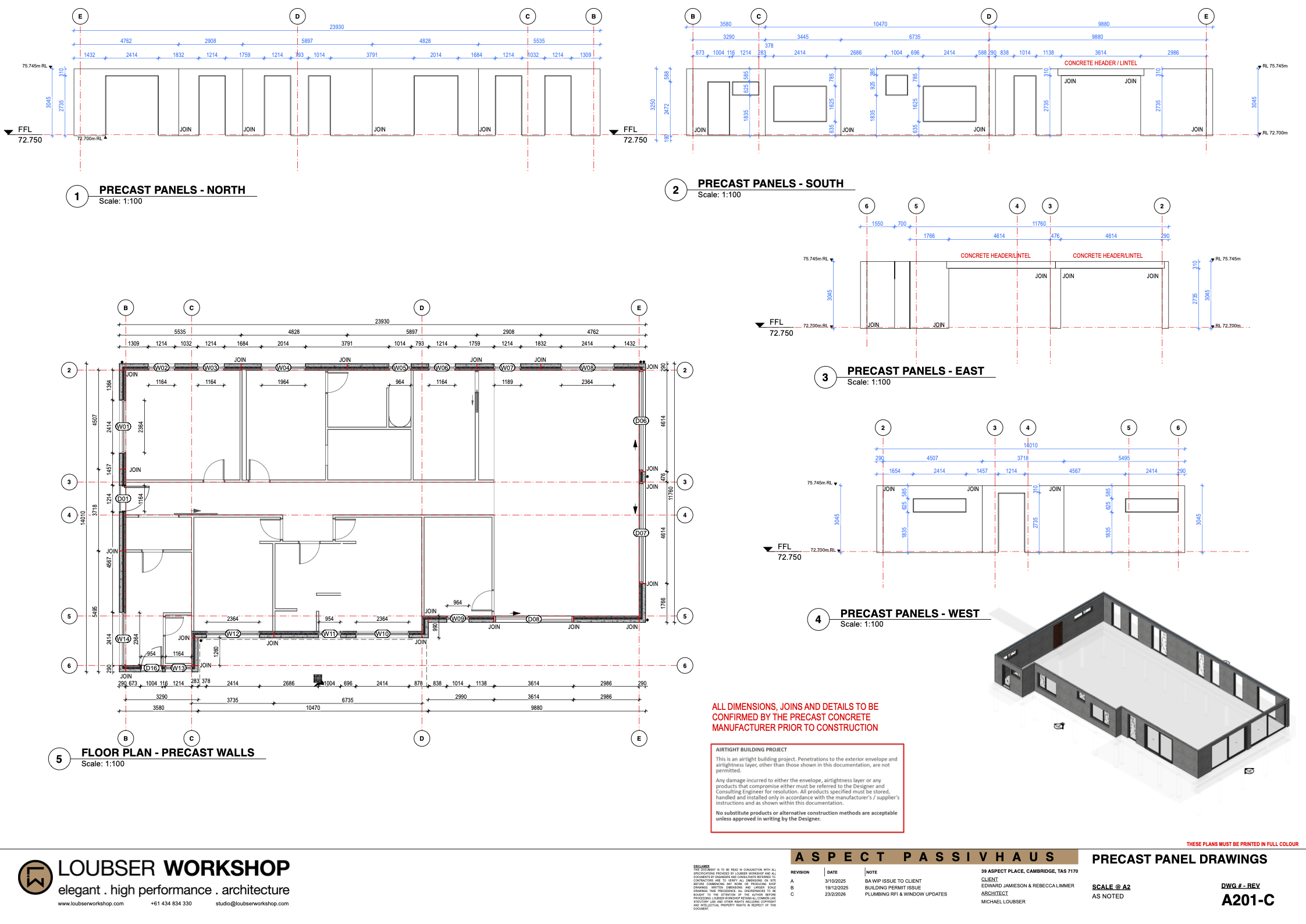 Aspect Passivhaus. Precast insulated concrete architectural drawings by architect Michael Loubser from Loubser Workshop