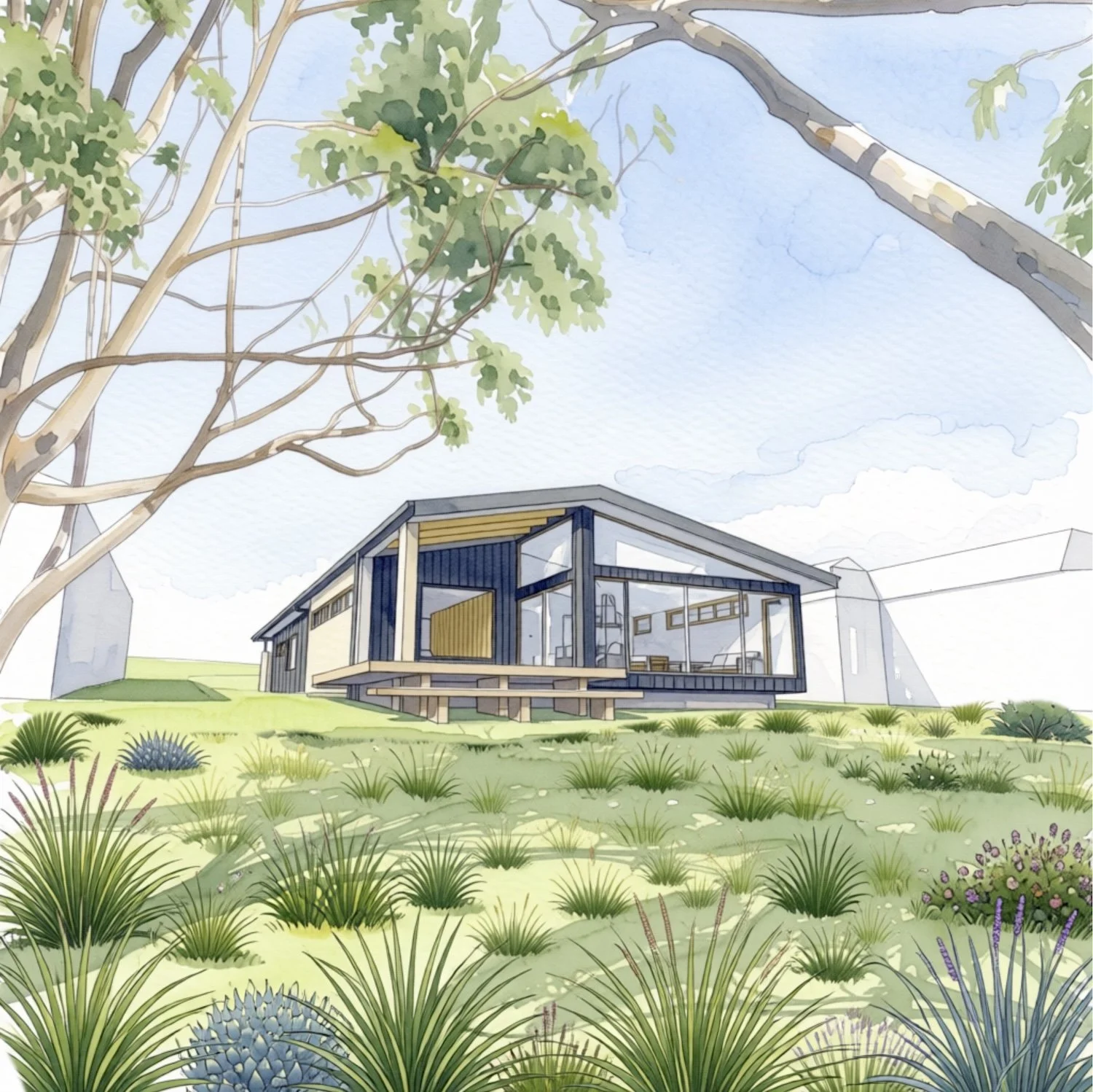 Northern facade view. mid century modern high performance home Cemintel Territory cladding passive house architect Launceston Tasmania by Loubser Workshop
