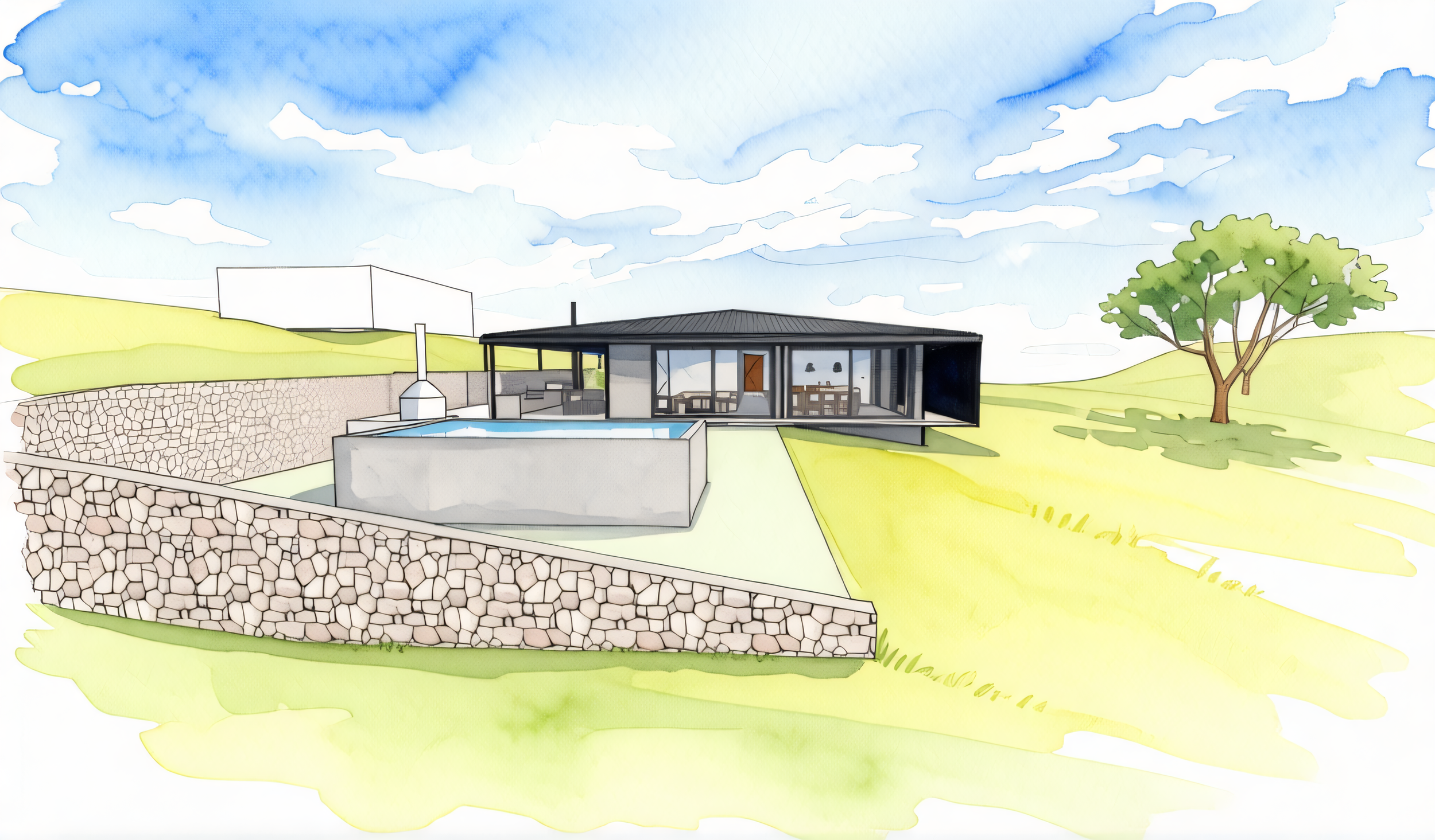 Aspect Passivhaus. Watercolour sketch by architect Michael Loubser from Loubser Workshop