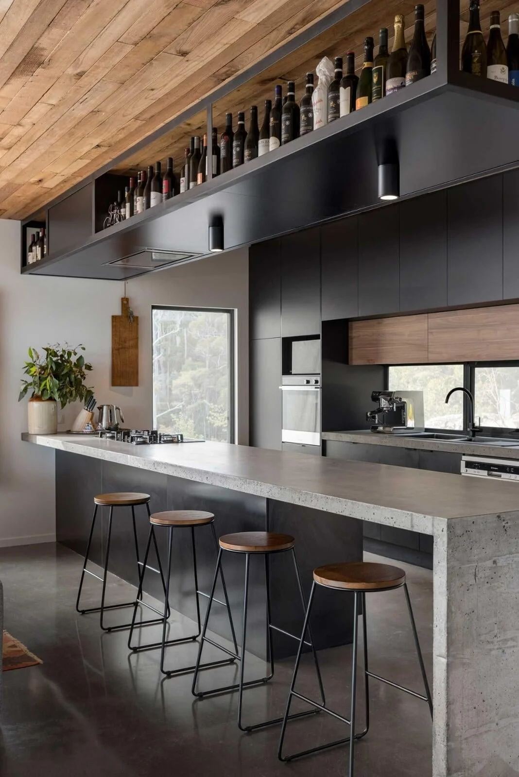 Rural dream home kitchen custom concrete kitchen island bench blackwood timber ceiling in South Spreyton, Tasmania by Loubser Workshop