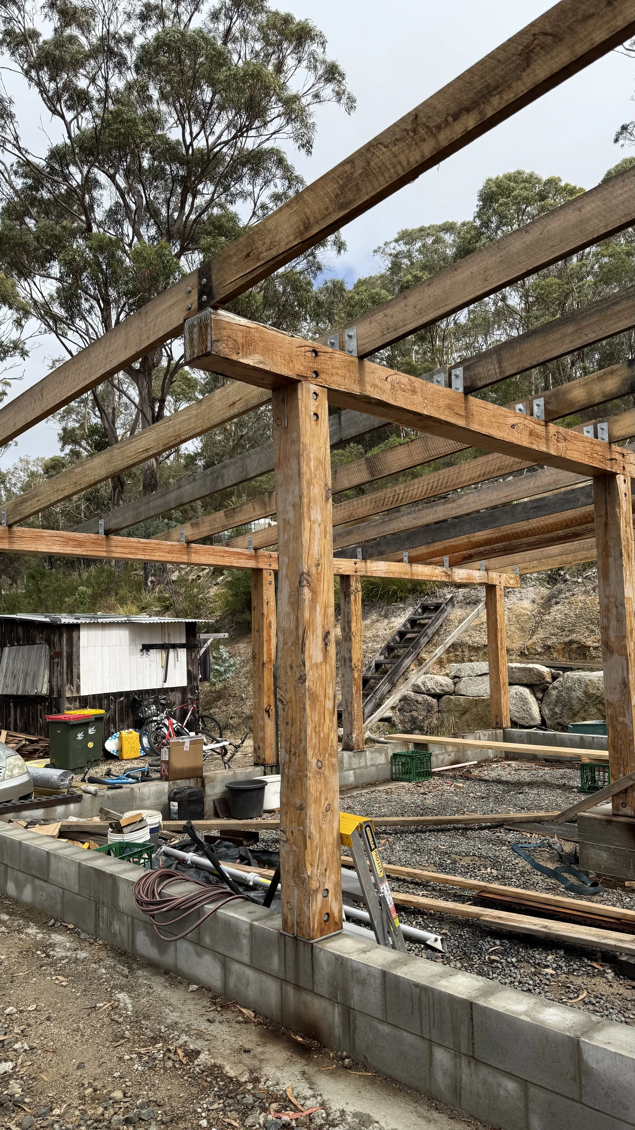 Bicheno Bushbuck. Salvaged timber post and beam structure