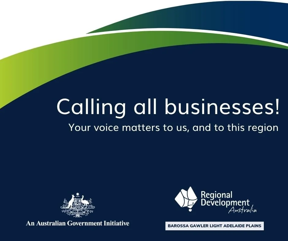 We&rsquo;re supporting RDA BGLAP&rsquo;s Inaugural Business Survey &mdash; helping shape the future of business across the Barossa, Gawler, Light and Adelaide Plains.

Have your say today and help strengthen our regional economy.

Survey closes 16 No