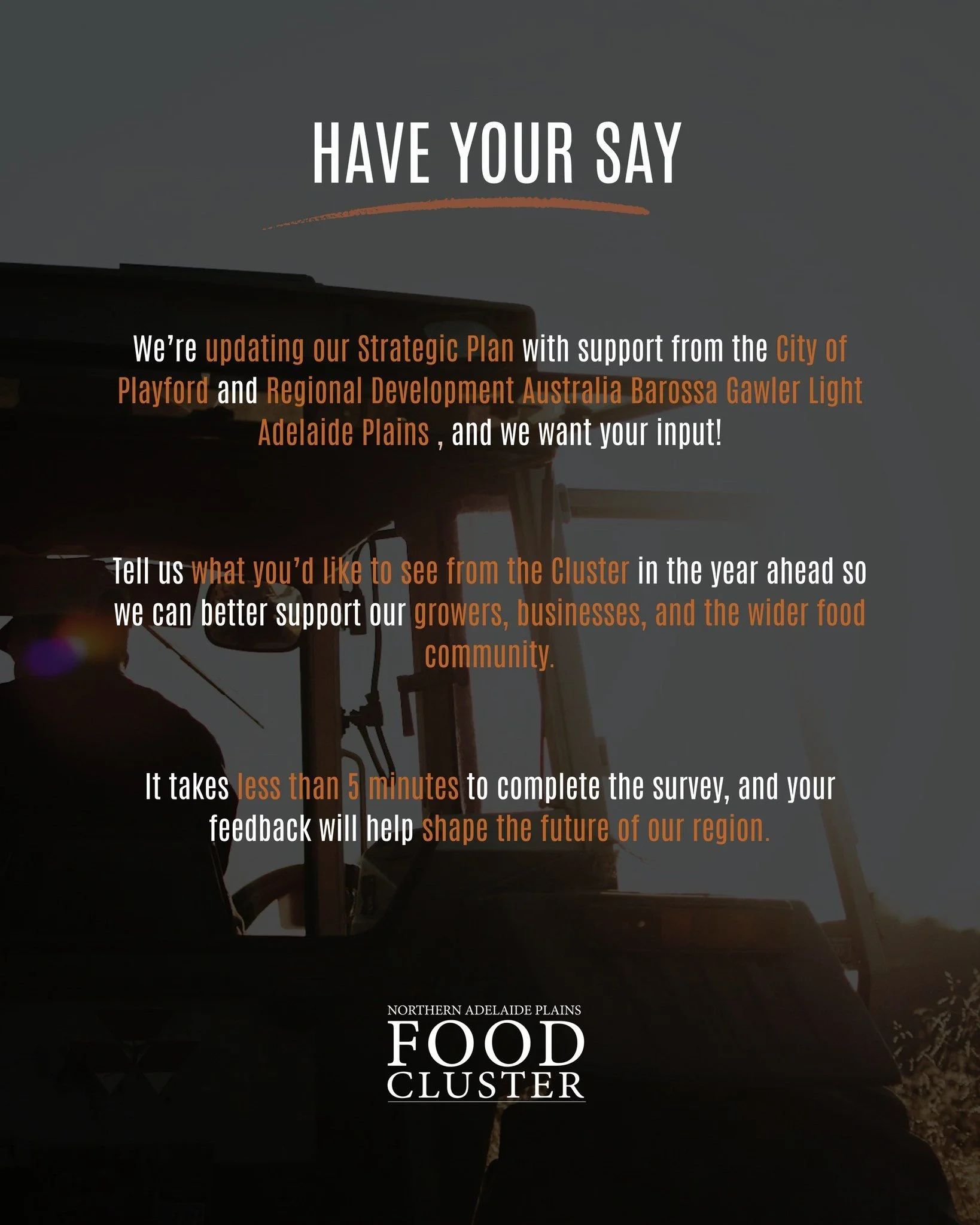 🌱 Your Voice Matters! 🌱

We&rsquo;re updating the Northern Adelaide Plains Food Cluster's Strategic Plan to better support our region's growers, businesses, and the wider food community. We want to hear from YOU! ✨

It only takes 5 minutes to compl