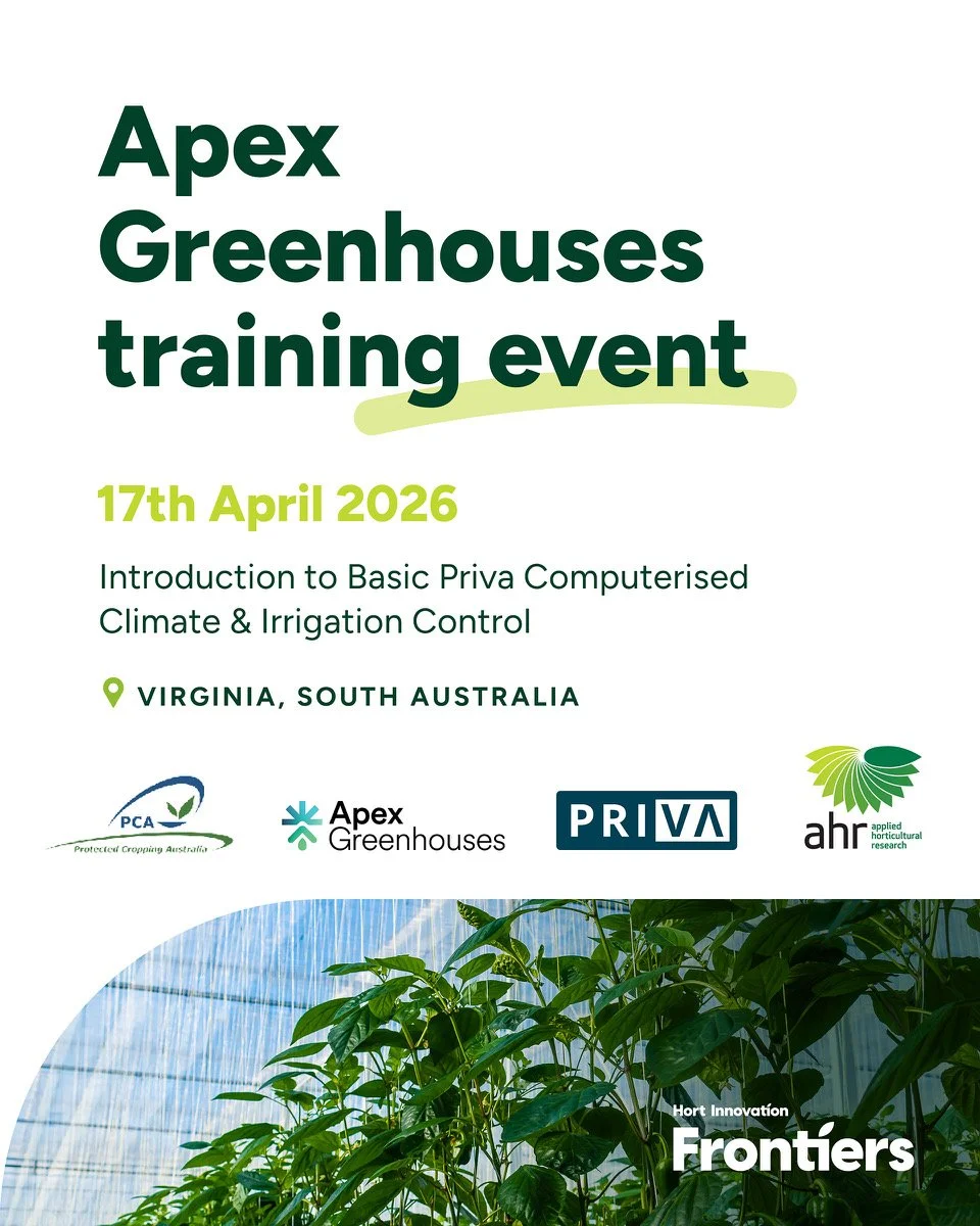 Apex Greenhouses is hosting a one-day training event on the 17th of April at its Demonstration Facility in Virginia, South Australia, featuring two introductory courses in Priva computerised greenhouse management systems. 

Both courses are designed 