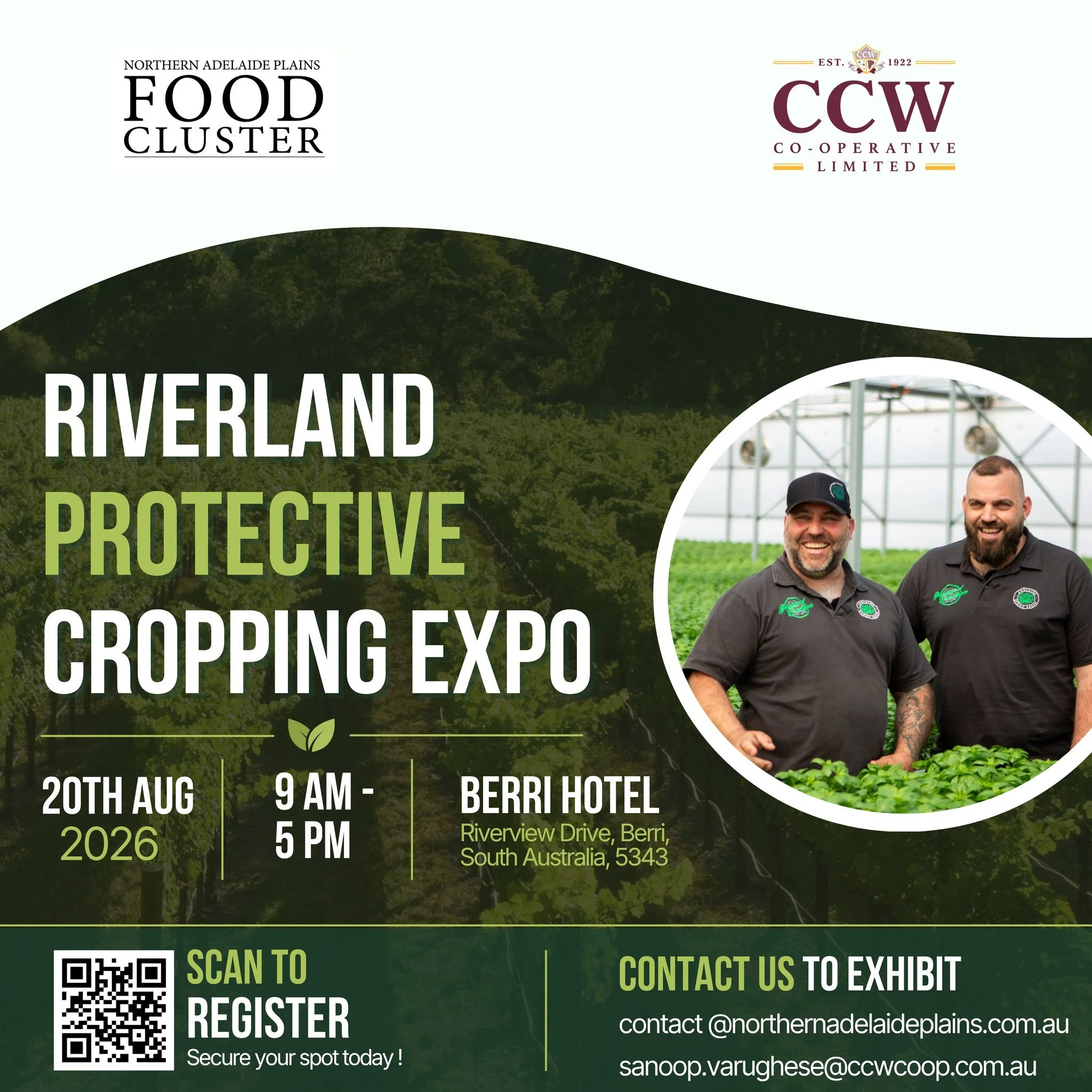 🚜 Exciting News for Riverland Growers! 🌱

The Northern Adelaide Plains Food Cluster, in partnership with CCW Co‑operative, is thrilled to announce the first-ever Riverland Protective Cropping Expo!

📅 Date: Thursday, 20th August 2026
📍 Location: 
