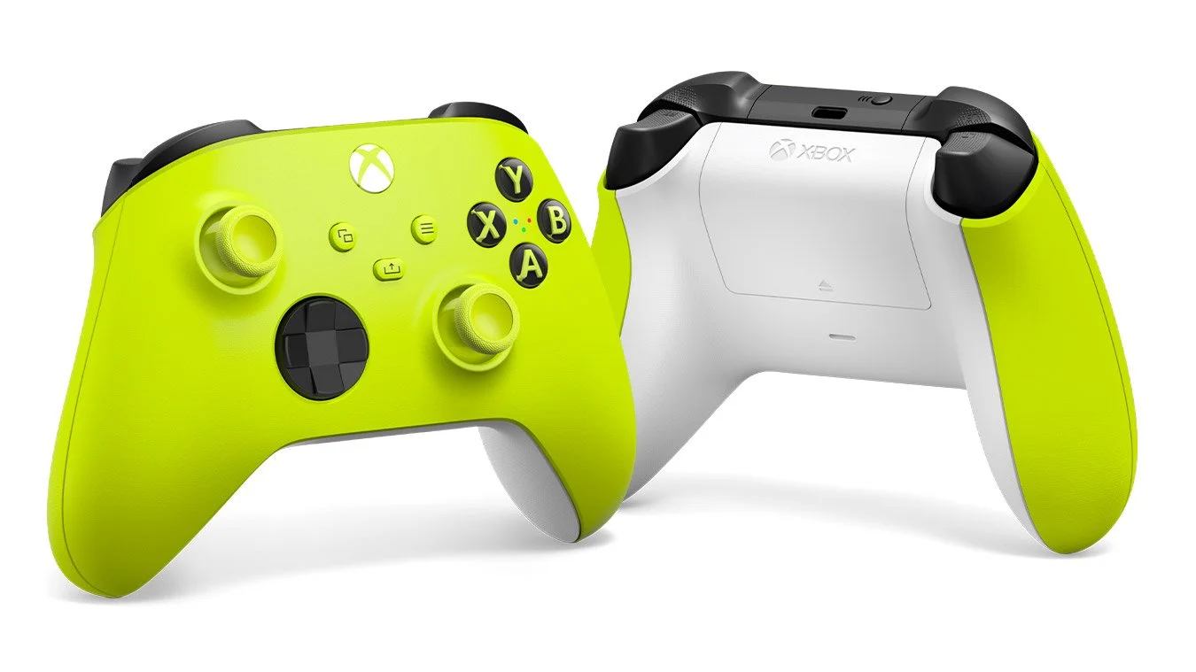 Bright green Xbox wireless controllers, front and back view