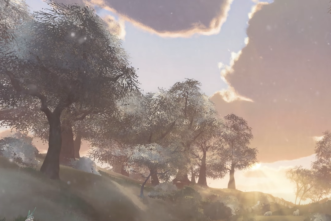Scenic winter grove in Tales of the Shire with frost-covered trees, gentle snowfall, and warm sunlight breaking through clouds.