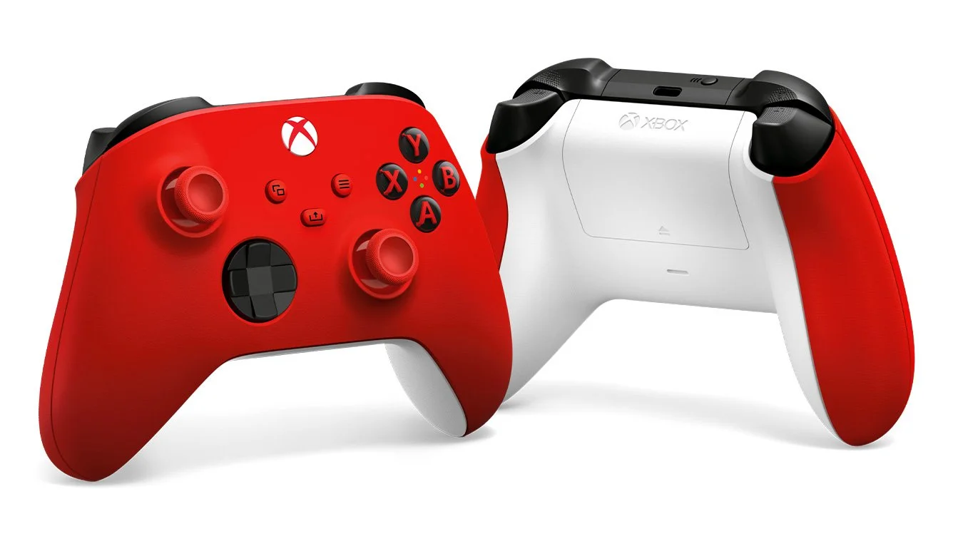 Red and white Xbox wireless controllers with a focus on the front buttons and rear design.