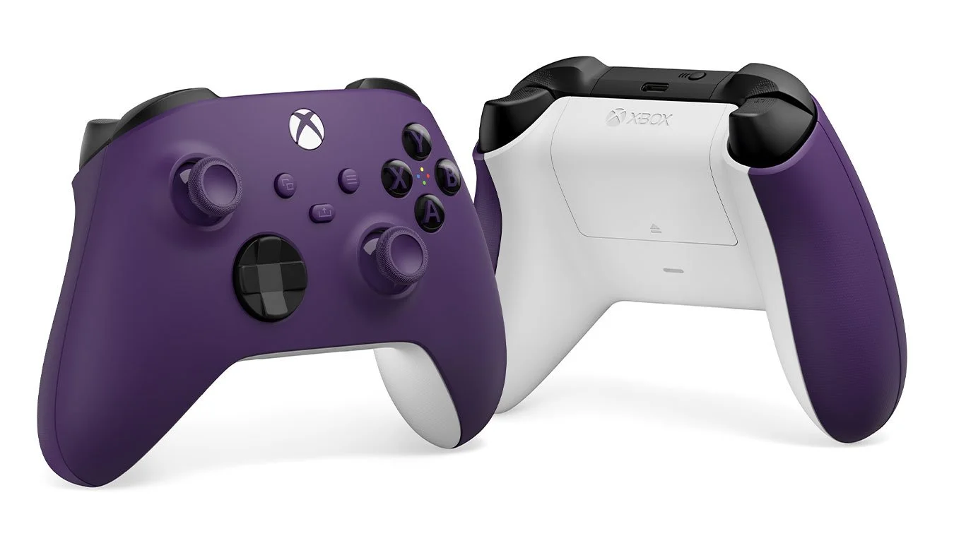 Purple Xbox wireless controller with a white back, showcasing buttons and ergonomic design.