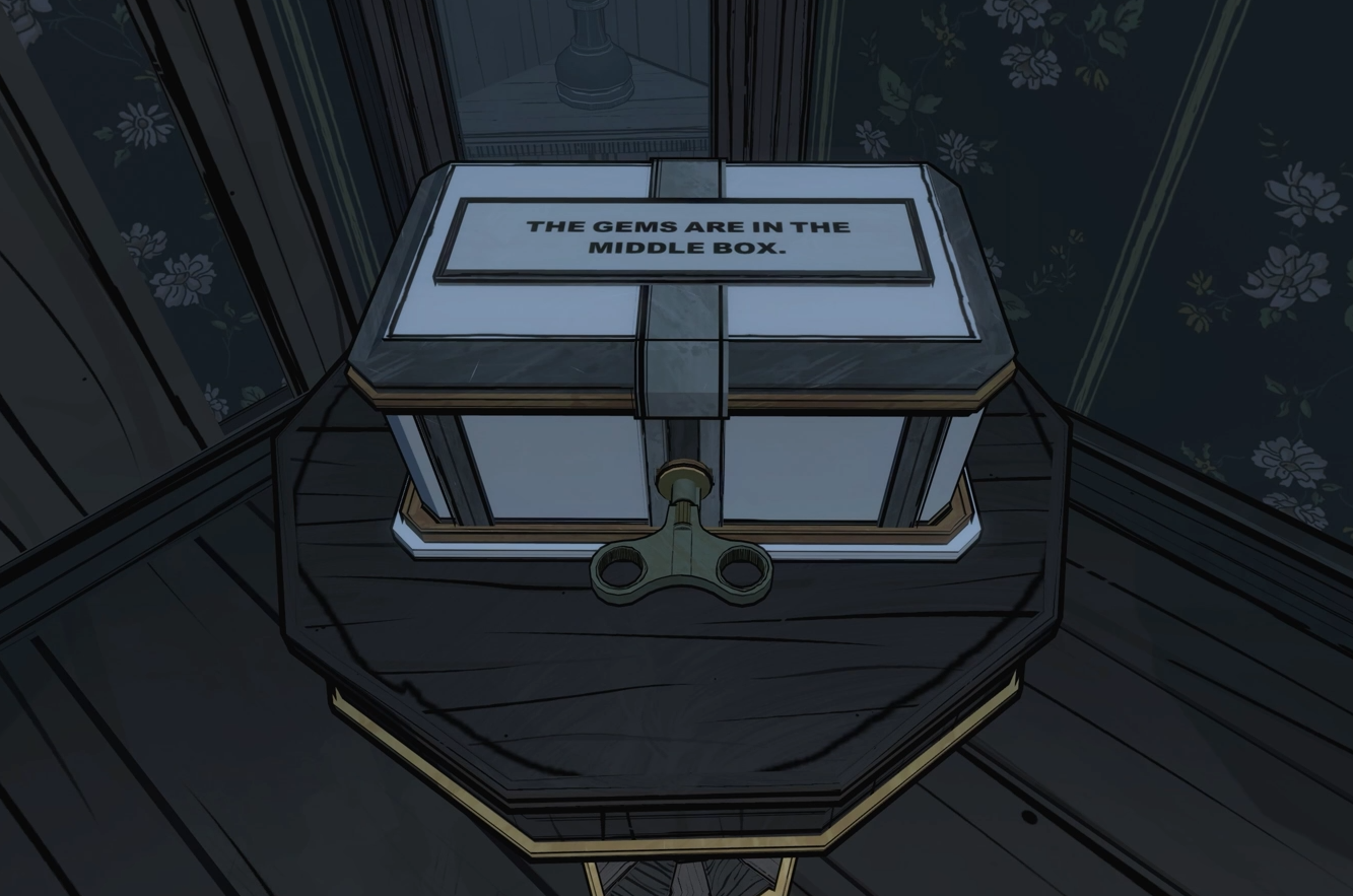 The gems are in the middle box, Blue Prince