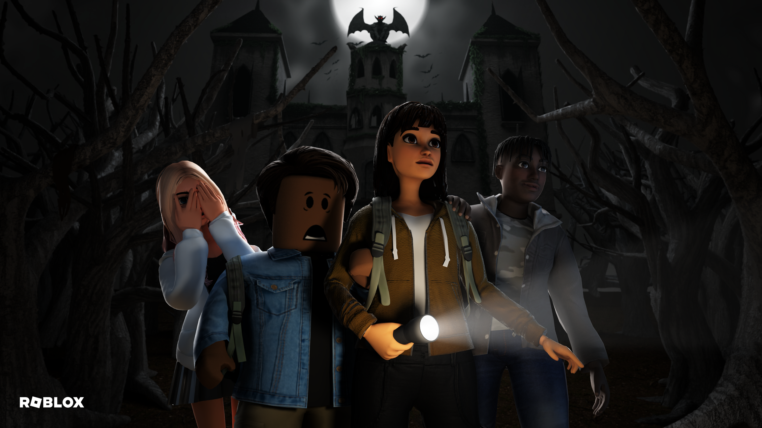 Roblox horror-adventure avatars exploring a dark environment, used to illustrate watching routes and clues