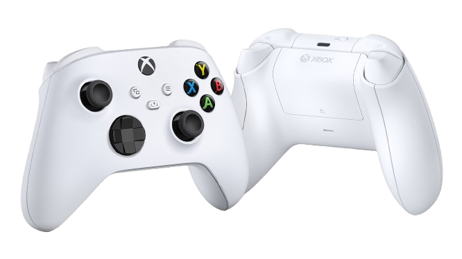 White Xbox wireless controllers, front and back view.