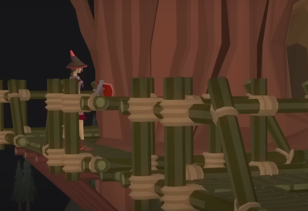 A video game OSRS character with a witch hat and red and white clothing stands on a wooden bridge made of logs and rope, looking left. The bridge is attached to a large, reddish-brown tree trunk. The background is dark.