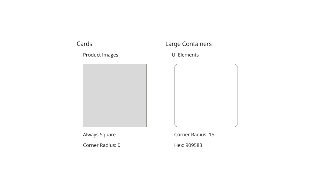 The design of the different containers. Product images are shaped as a square with pointed corners. UI elements have a radius of 15 for slightly rounded corners and hex code of 909583