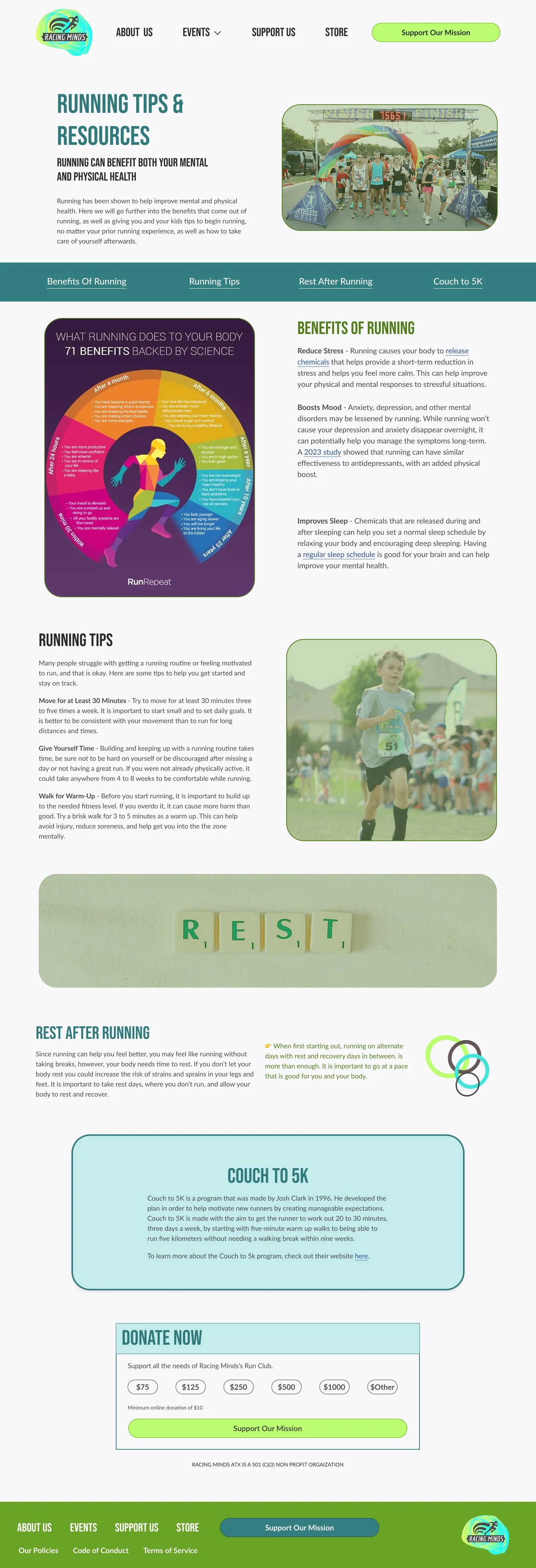 running resources made its own page and designed to fit design system. gives info over benefits of running, running tips, rest after running, and couch to 5k
