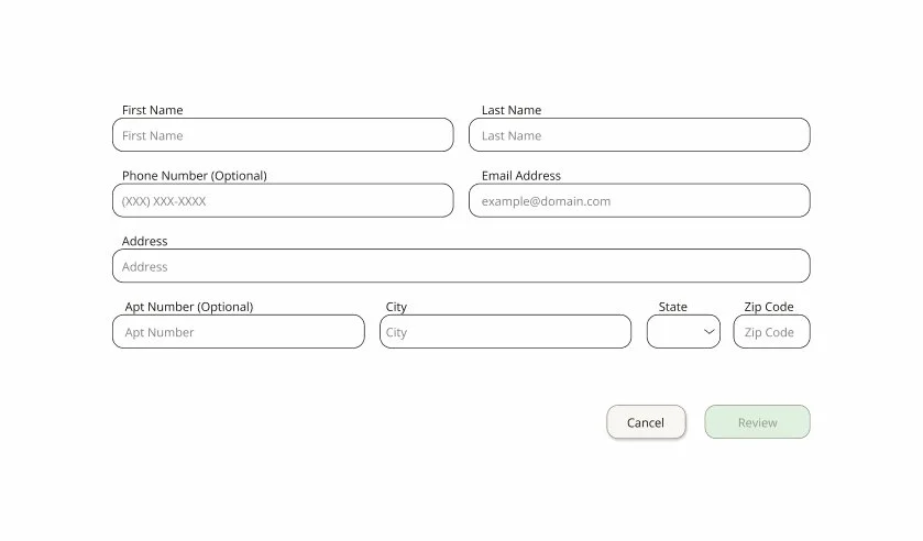A series of input fields and buttons that make up the address form of a checkout