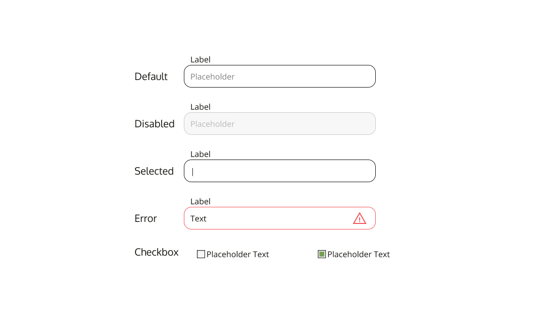 The design for the input fields in the site design. It shows the different states of the input fields, including the default, disabled, selected, and error states. It also shows the checkbox in the selected and unselected states
