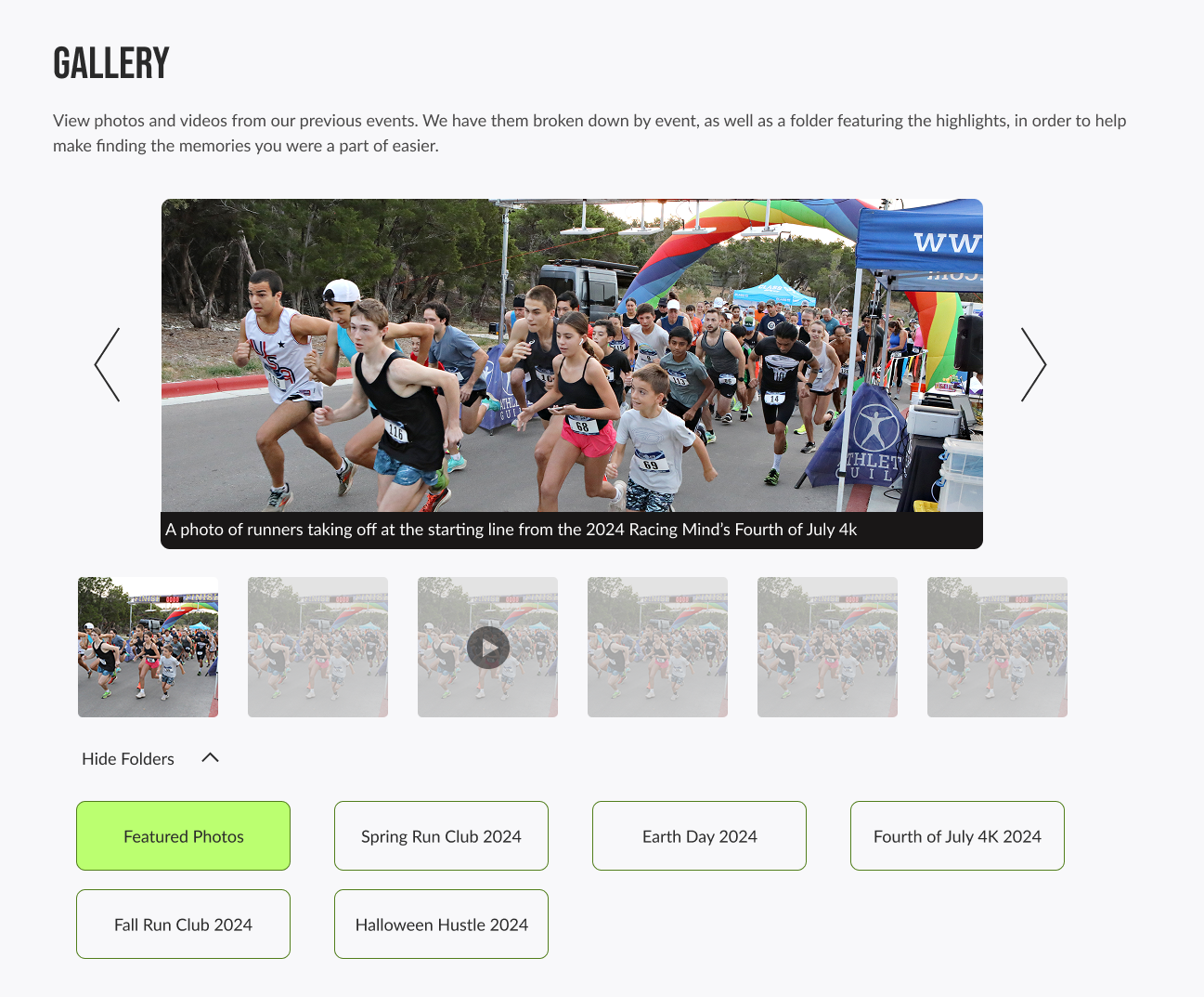 the gallery for the first redesign to fit the design system. it includes basic arrows to scroll through photos while showing previews of photos/videos in the folder below the main photo. the gallery photos are bright green when selected