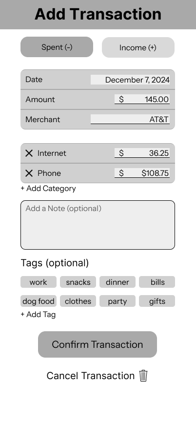black & white hi-fi of the add transaction page that shows an example of what an expense for $145 at AT&T would look like