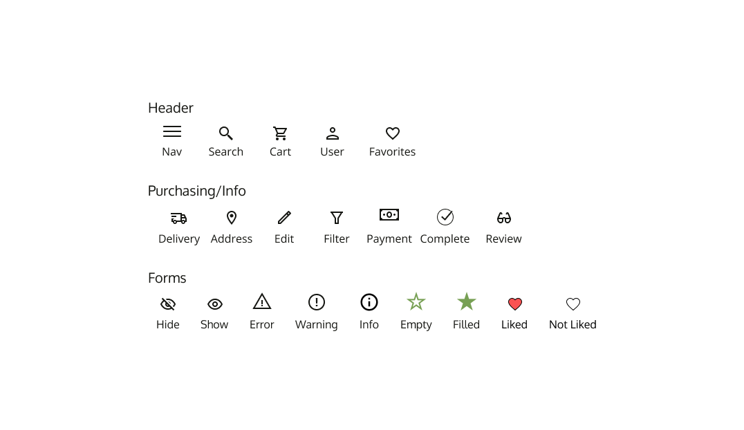 Icons used in the design including icons for the header, checkout, forms, and miscellaneous elements