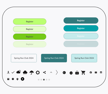 Primary, secondary, and gallery button states fand icons for the Racing Minds redesign design system.