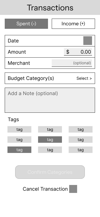 Add transactions page that allows users to add an expense or income and the details relating to it like date, amount, location, budget category, tags, and notes
