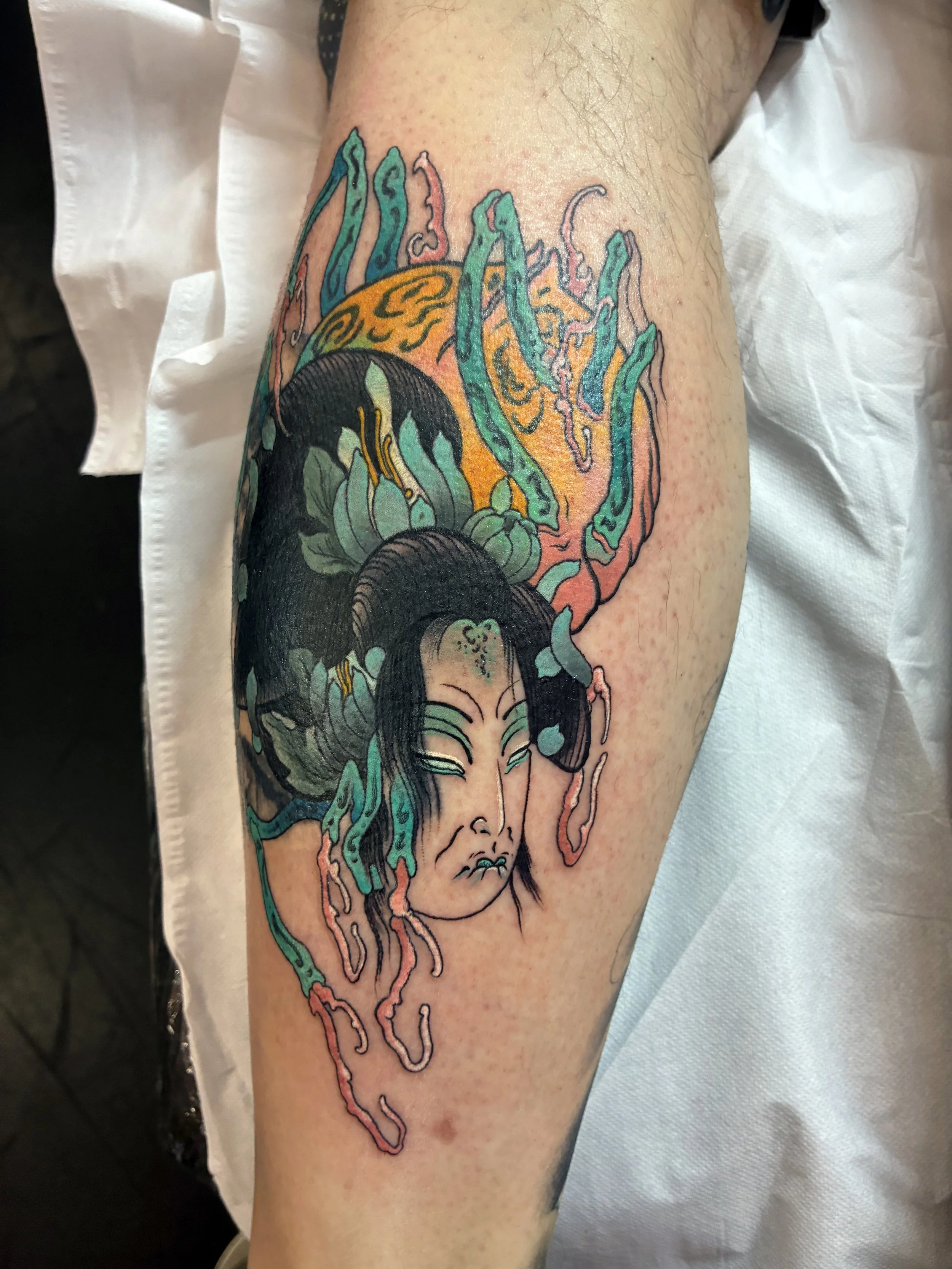 Jorogumo, the shape shifting Yokai. An in progress cover up of an existing tattoo.