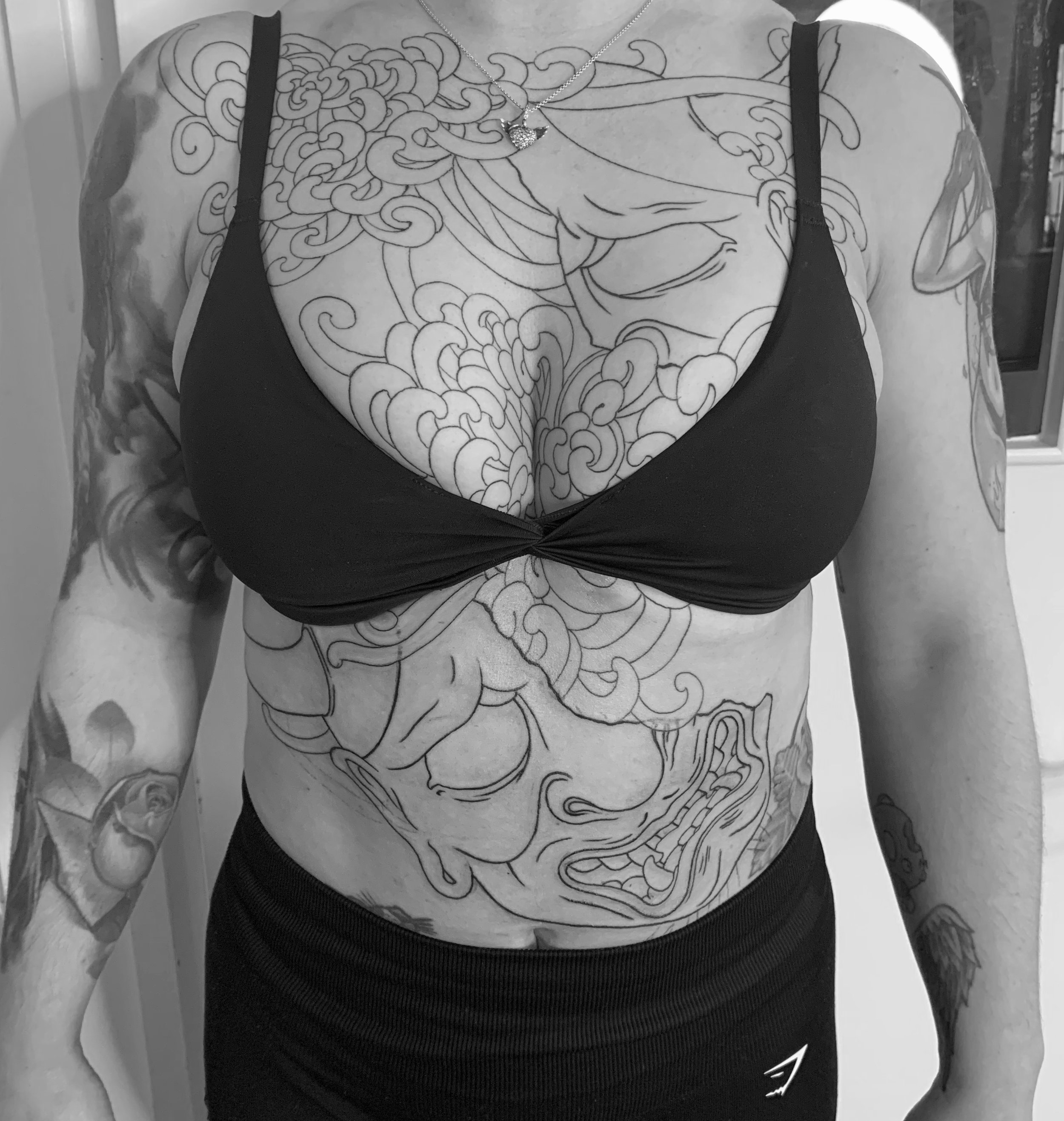 Hannya and Chrysanthemum front piece in progress.