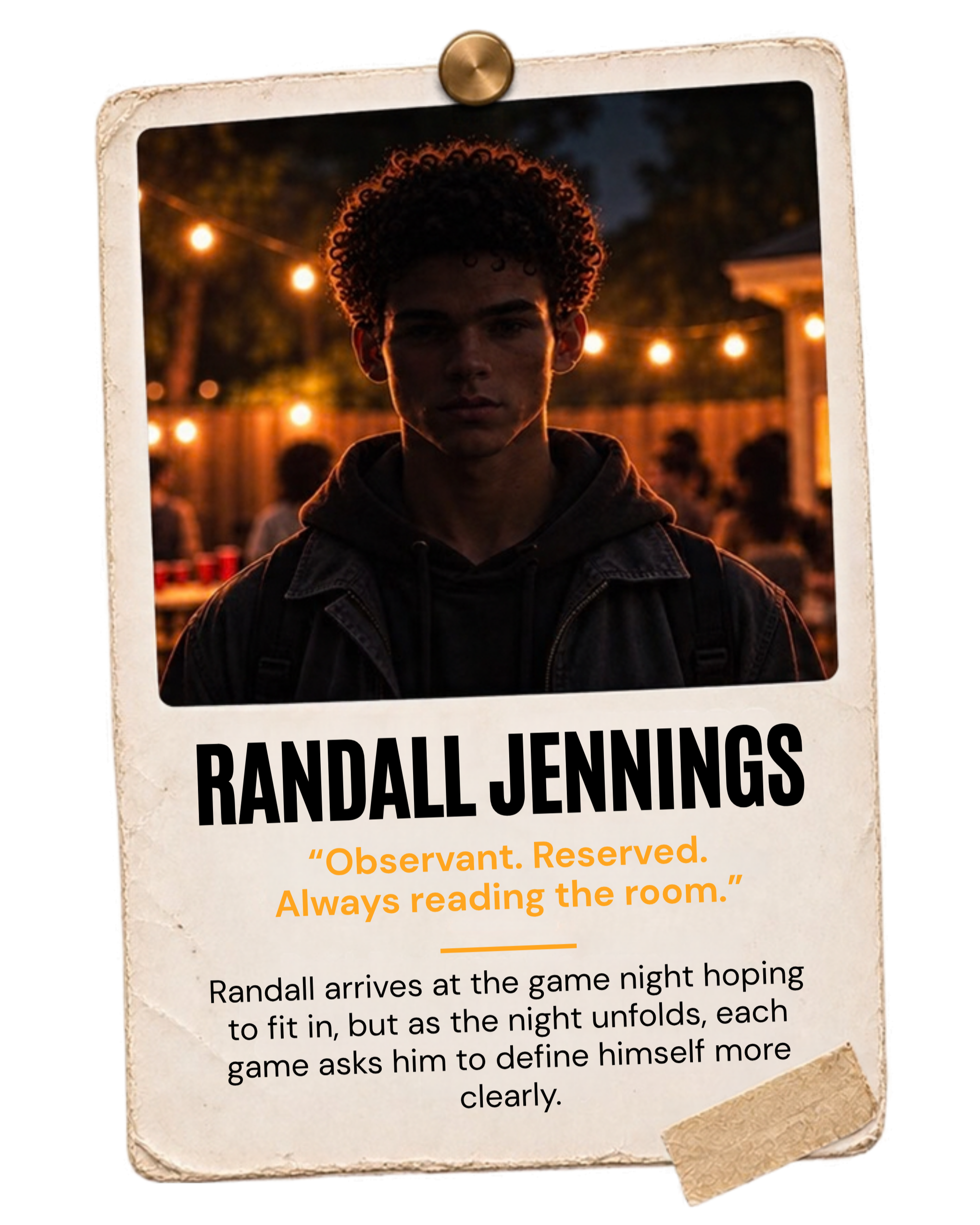 Polaroid-style photograph of a young man with curly hair and dark clothing, standing outdoors at night decorated with string lights, with a blurry background of people and trees. The photograph has a white border with a torn corner and a push pin at the top. The text below reads 'RANDALL JENNINGS' and a quote about always reading the room.
