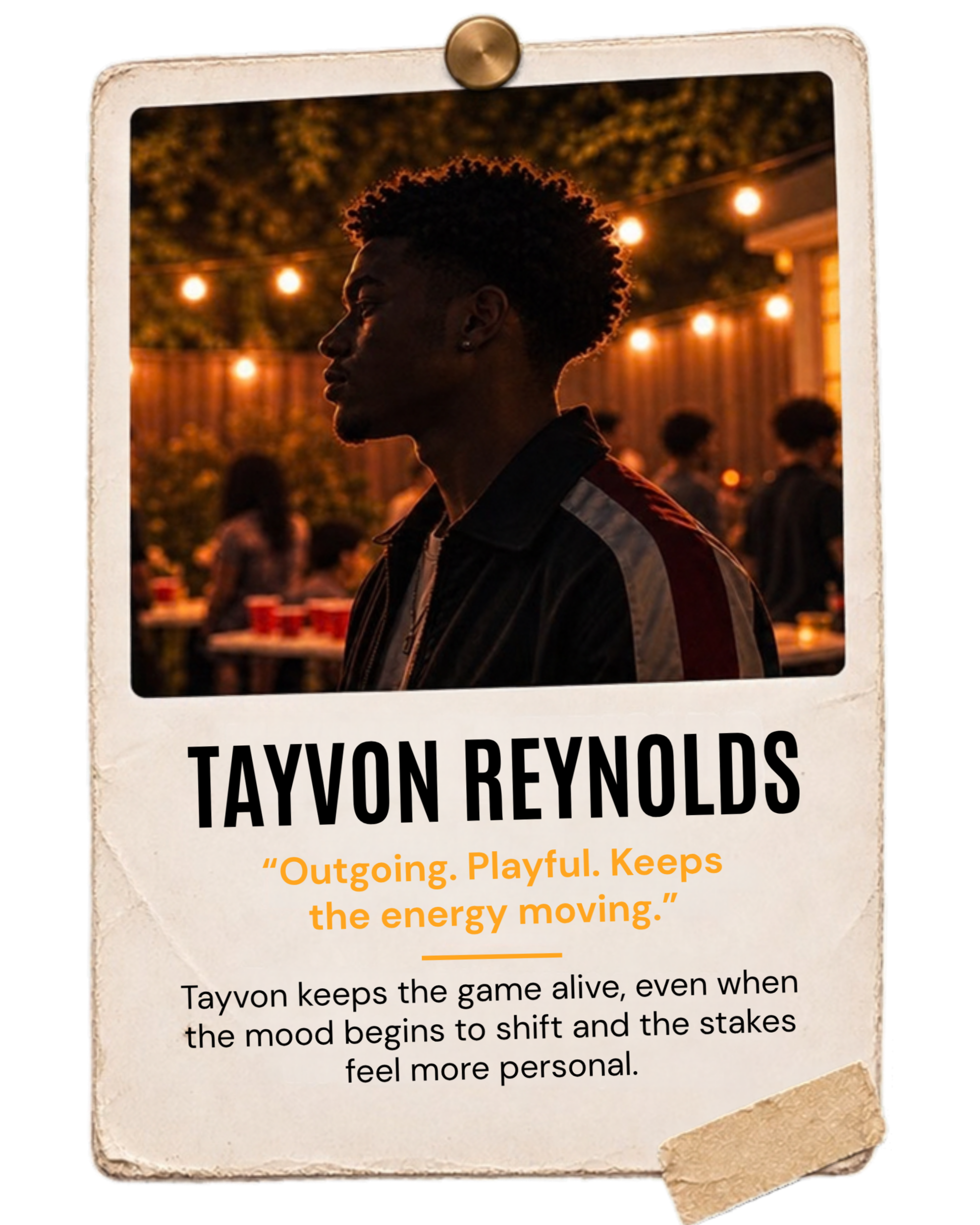 A quote from Tayvon Reynolds on a paper with a photo of him in profile against a background of warm string lights. The quote highlights his energetic and playful nature.