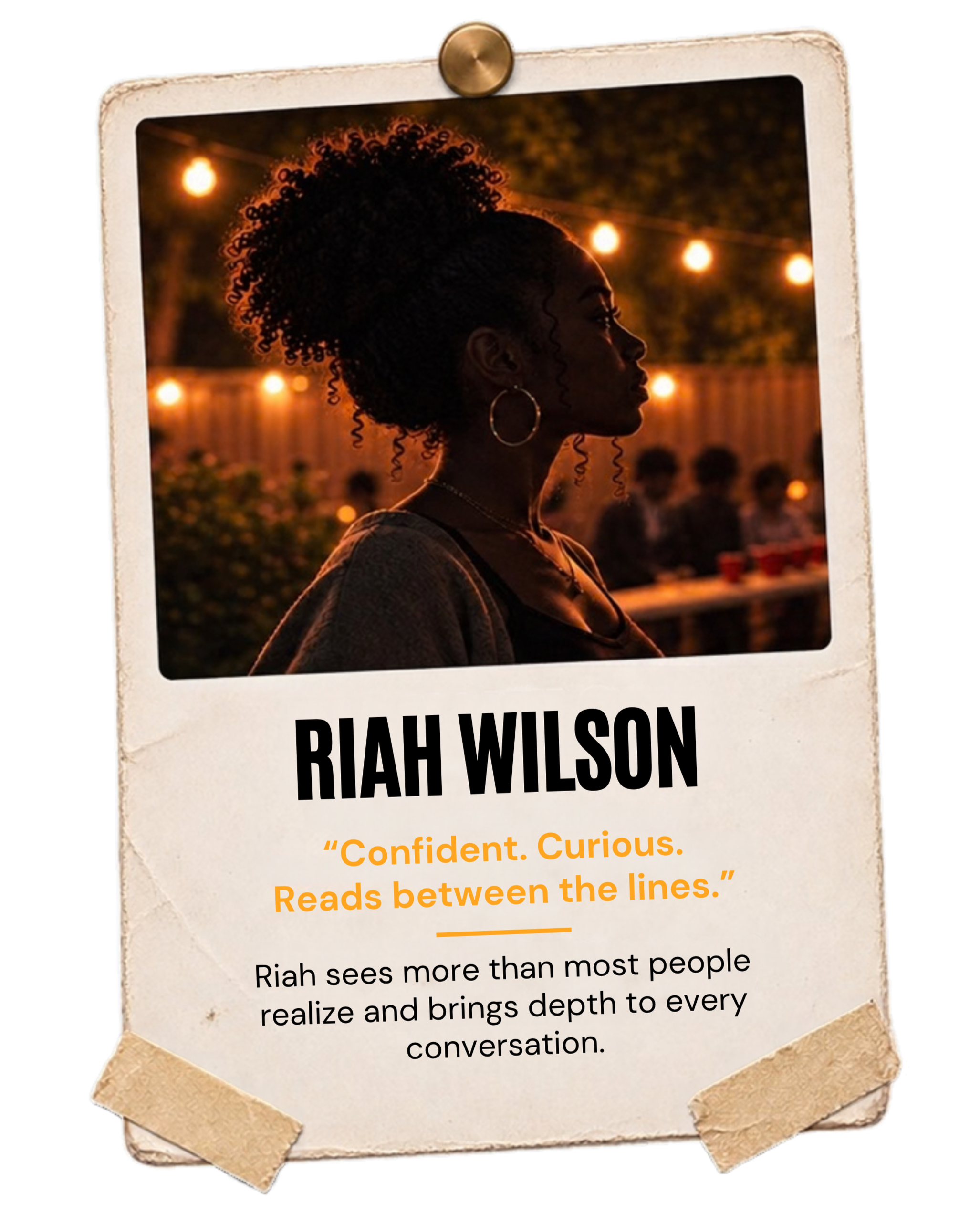 Profile of a woman with curly hair up in a natural style, wearing hoop earrings, against a background of string lights at night. The image is framed like an instant photograph with a white border, some tape at the corners, and a caption reading, 'Riah Wilson', along with a quote about confidence and curiosity.