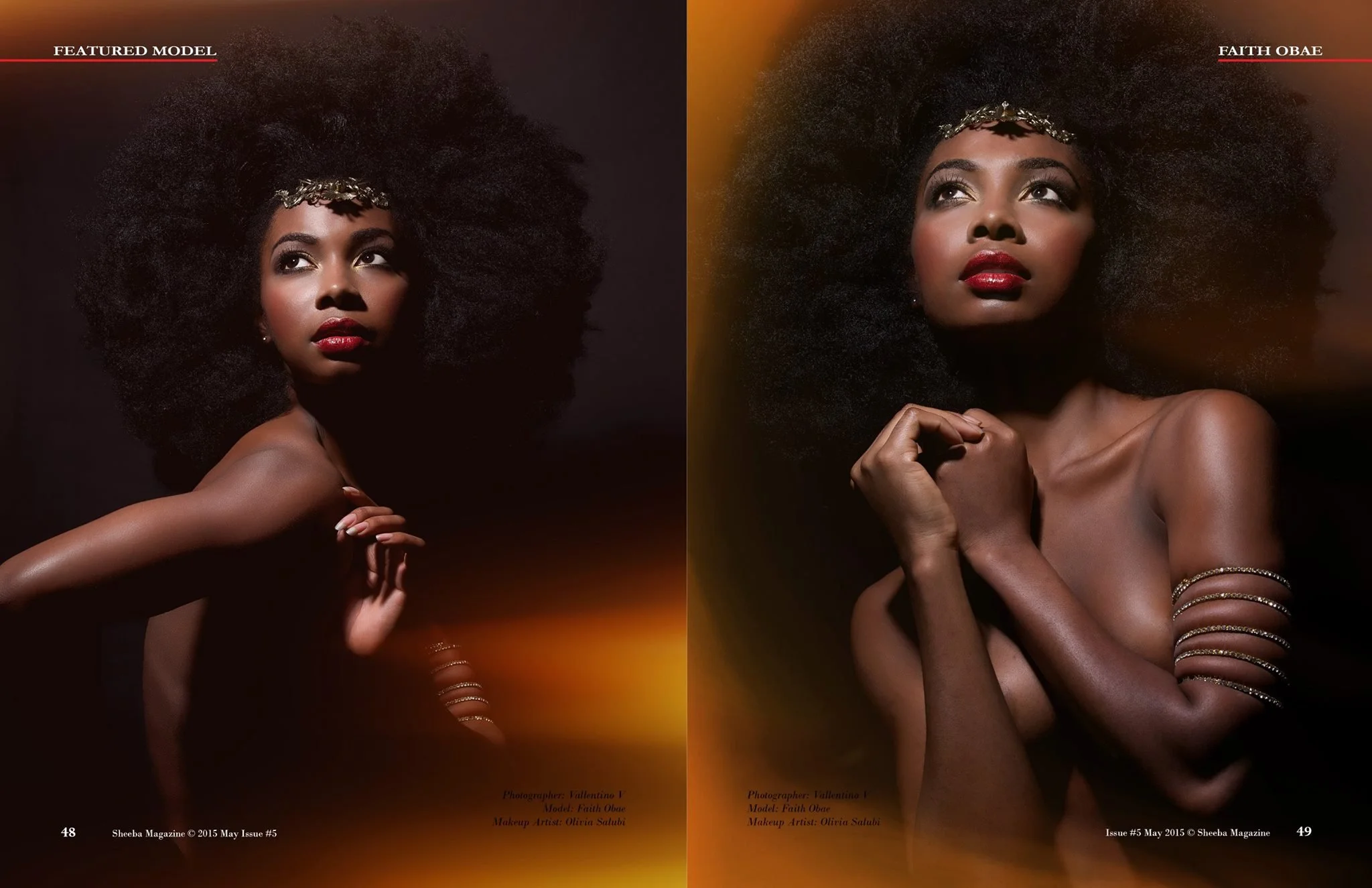 Two fashion magazine models with large Afro hairstyles, dark lipstick, and elegant makeup. Each model wears a gold arm cuff, and the left model is touching her shoulder, while the right model has her hands near her face. The background is dark, and t