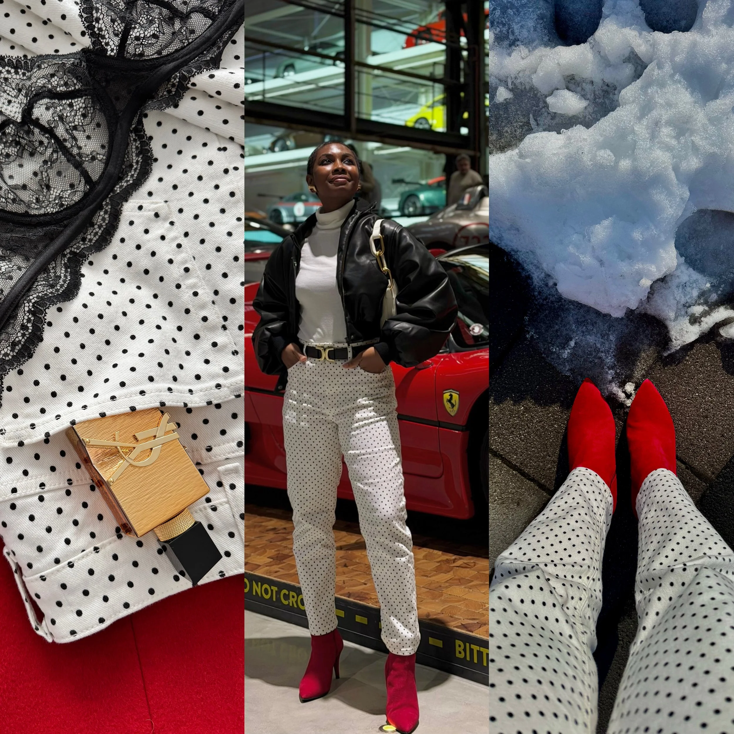 Photo collage of Faith Müller's outfit details. Wearing a black and white polka dot mum jeans with white turtleneck top, black oversized bomber winter jacket, white shoulder bag with gold details, red heeled ankle boots and black belt.