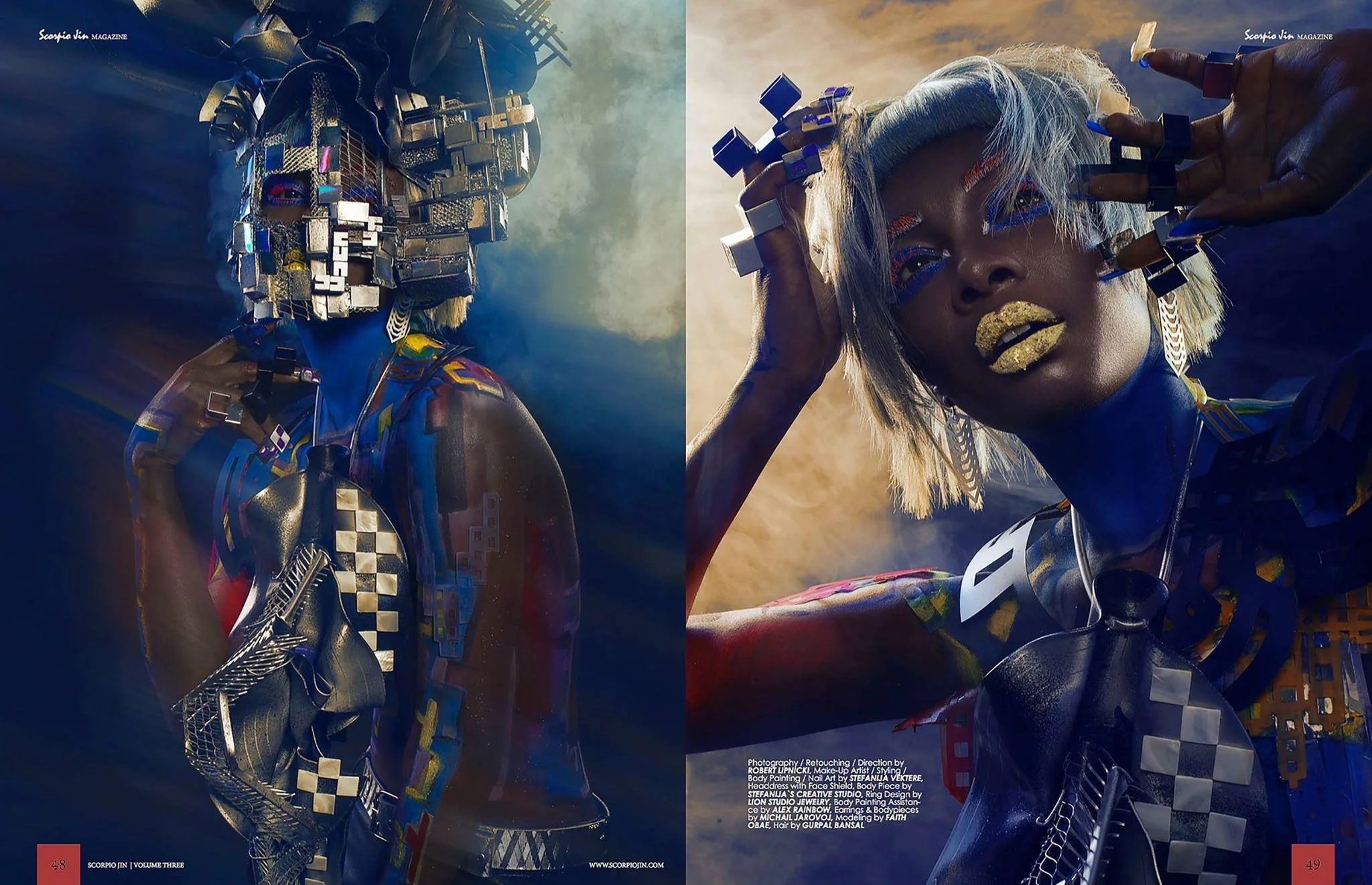 Two vibrant fashion portraits of a woman with futuristic, artistic styling featuring metallic and geometric accessories, bold makeup, and short platinum blonde hair, set against colorful, smoky backgrounds.