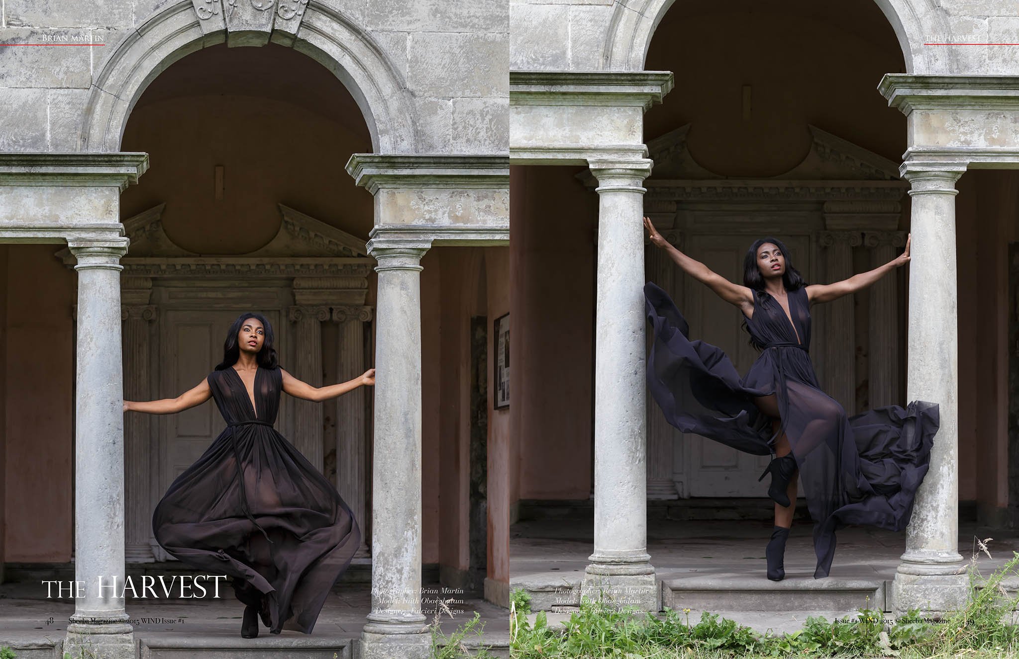 A woman in a flowing black dress balancing on one leg with arms outstretched between stone columns in an architectural setting.